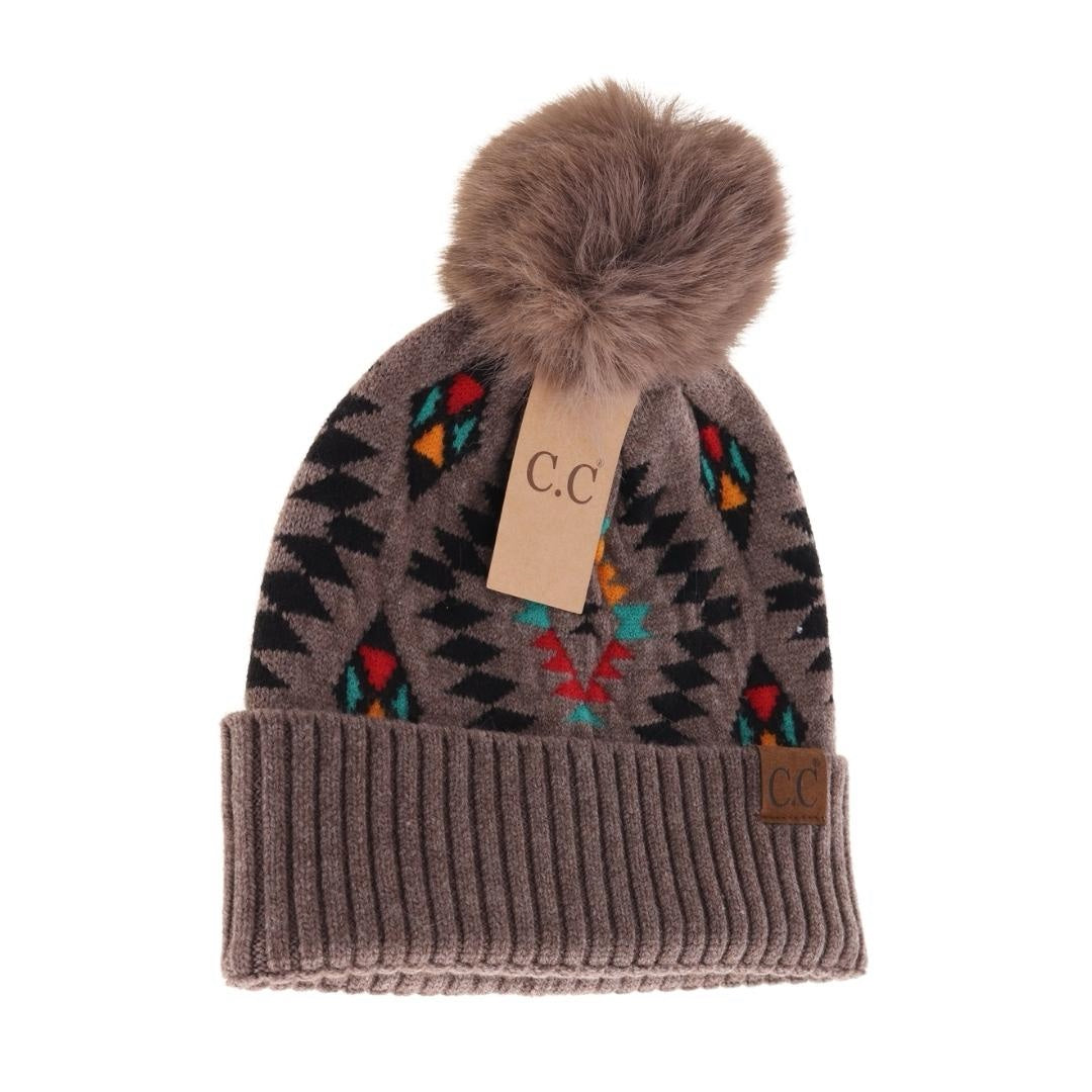CC Beanie Aztec Patterned Faux Fur Pom