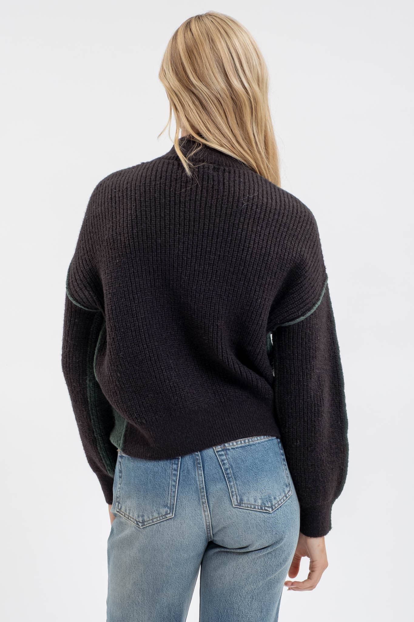 Blu Pepper Colorblock Mock Neck Exposed Seam Knit Sweater