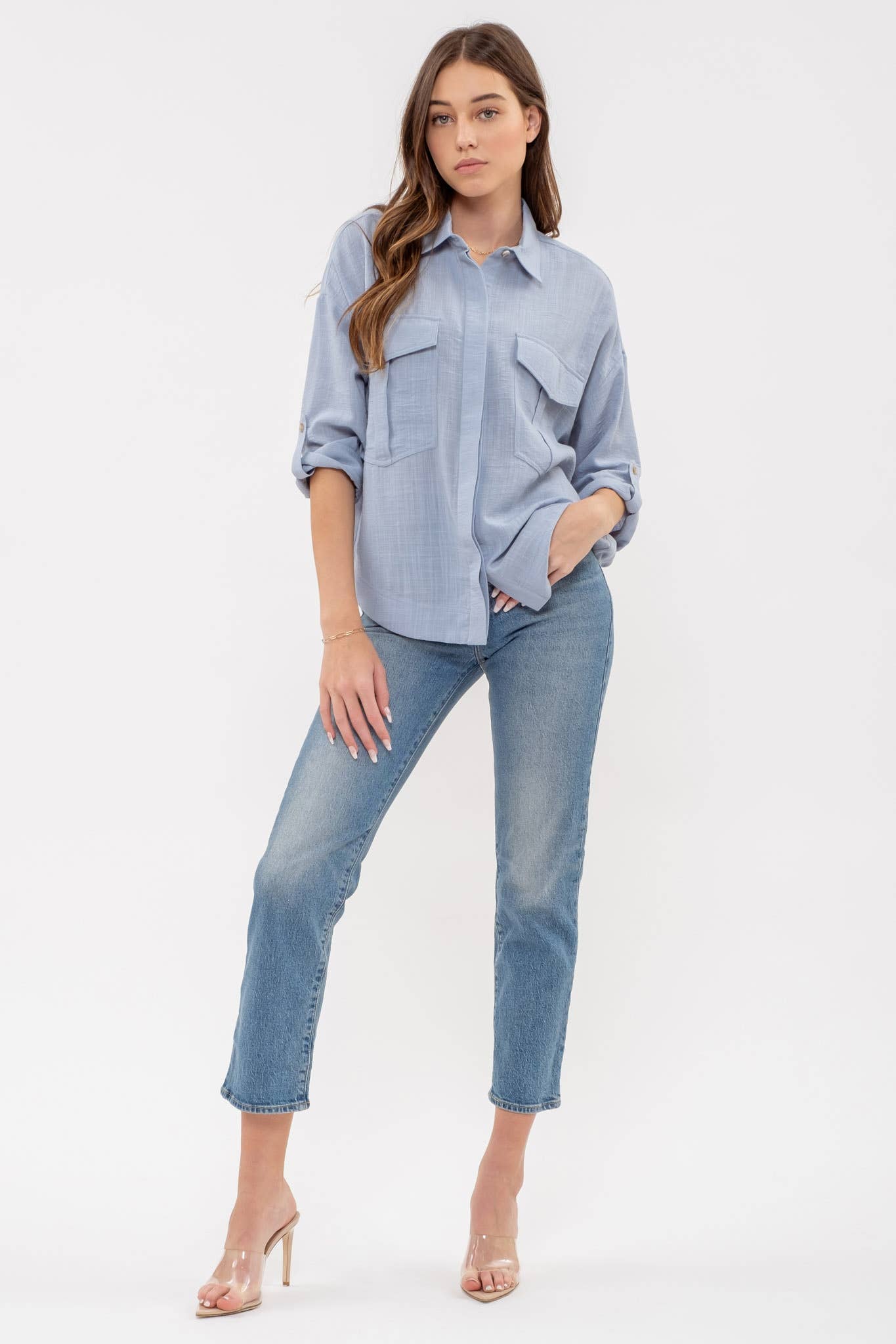 Blu Pepper Lightweight Collared Button Down 3/4 Sleeve Shirt - Blue