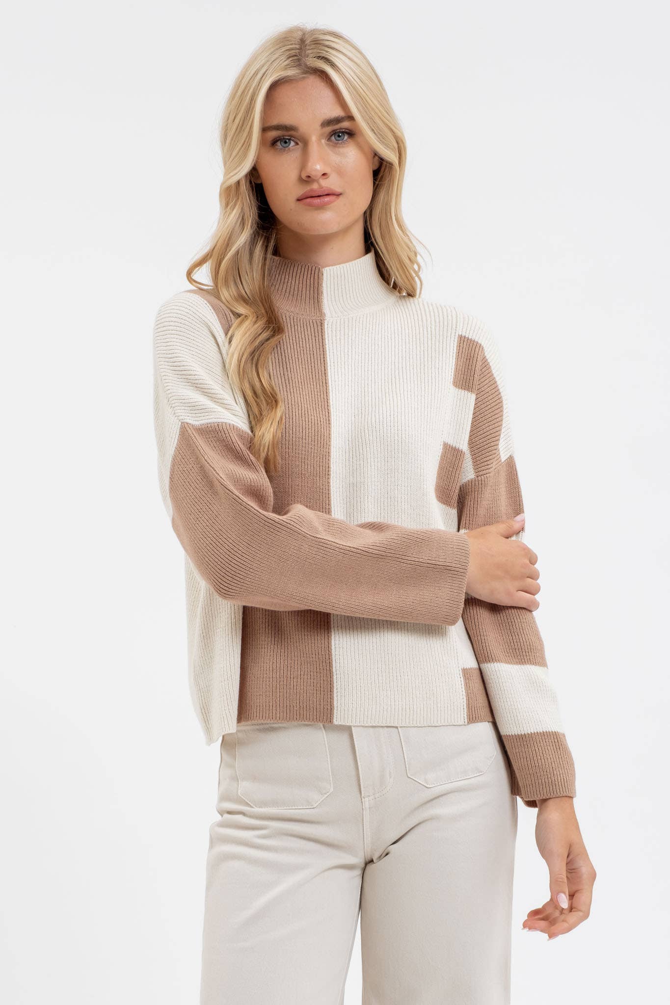Blu Pepper Colorblock Mock Neck Sweater (Beige & White)