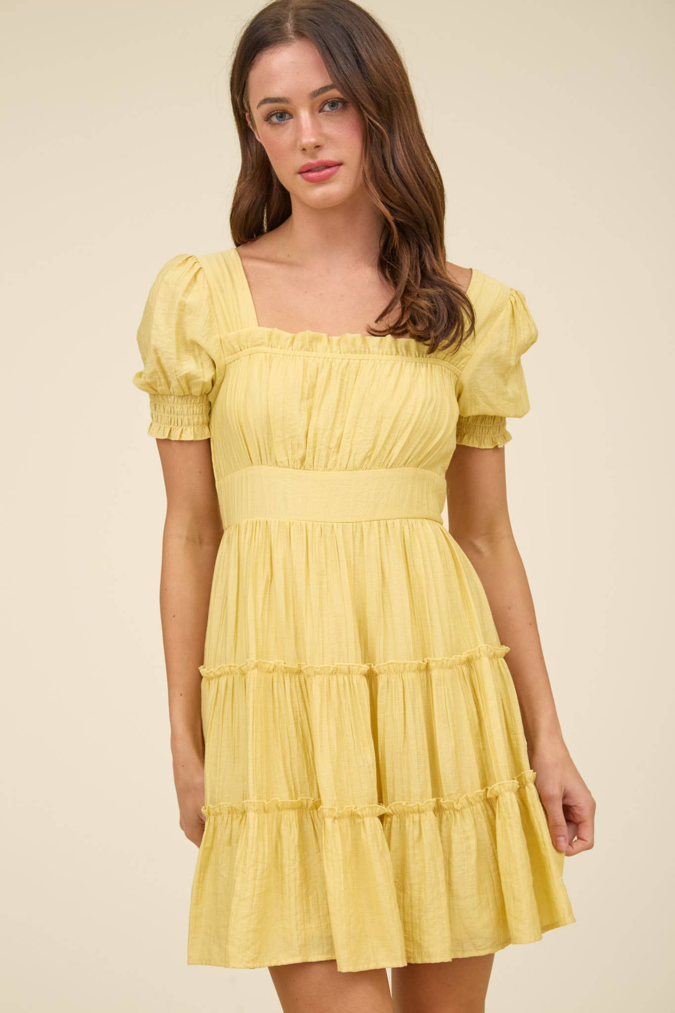 Blu Pepper Square Neck Smocked Tiered Mini Dress