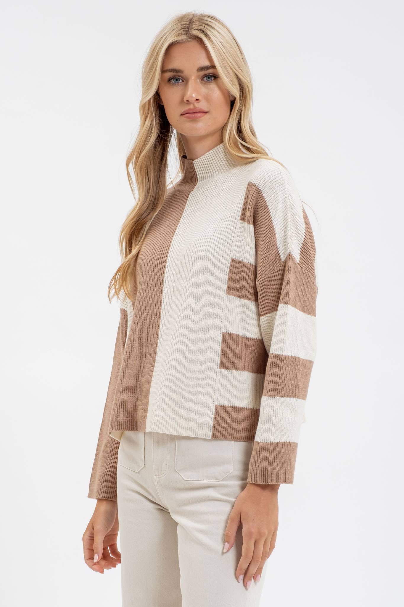Blu Pepper Colorblock Mock Neck Sweater (Beige & White)