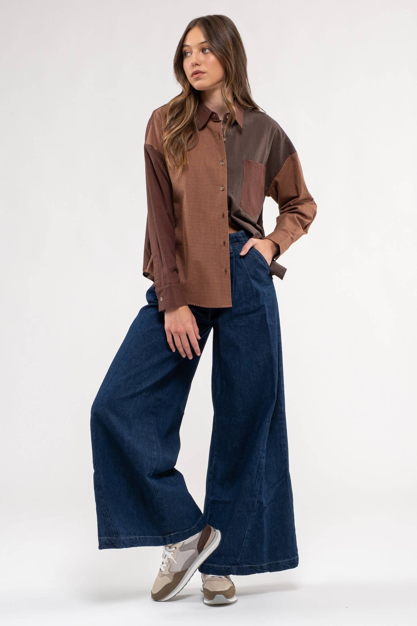 Blu Pepper Plaid Colorblock Button Down Top