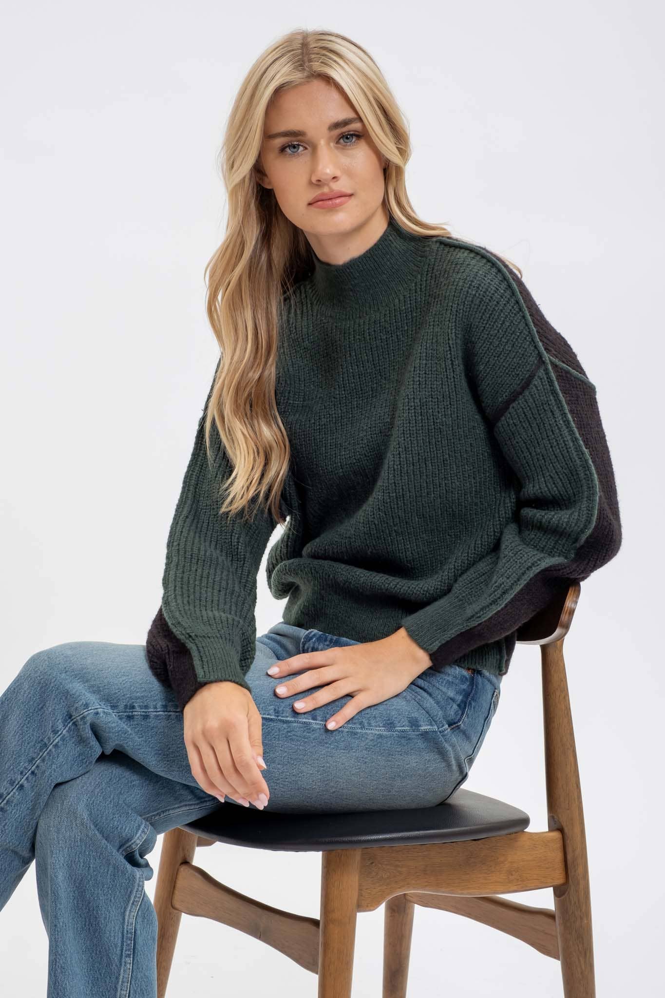 Blu Pepper Colorblock Mock Neck Exposed Seam Knit Sweater