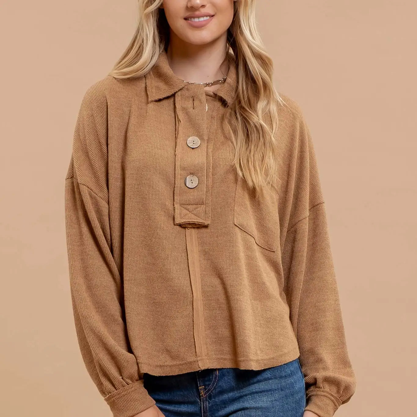 Blu Pepper Collared Raw Edge Knit Top