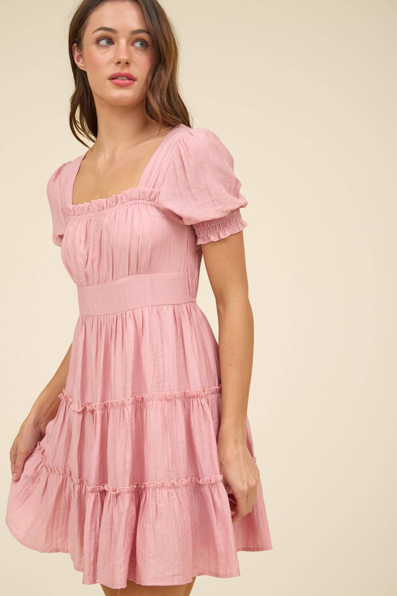 Blu Pepper Square Neck Smocked Tiered Mini Dress