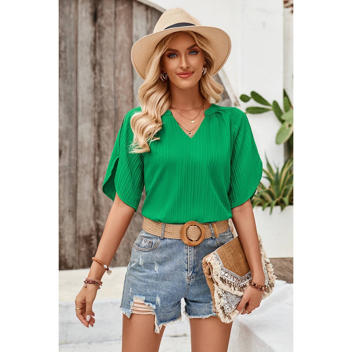 Elings Pleated V Neck Blouse