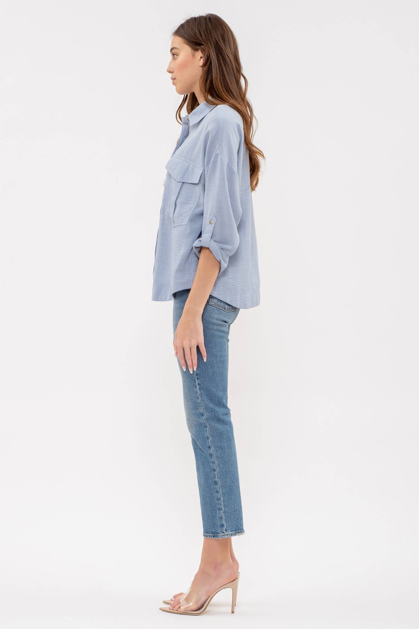Blu Pepper Lightweight Collared Button Down 3/4 Sleeve Shirt - Blue