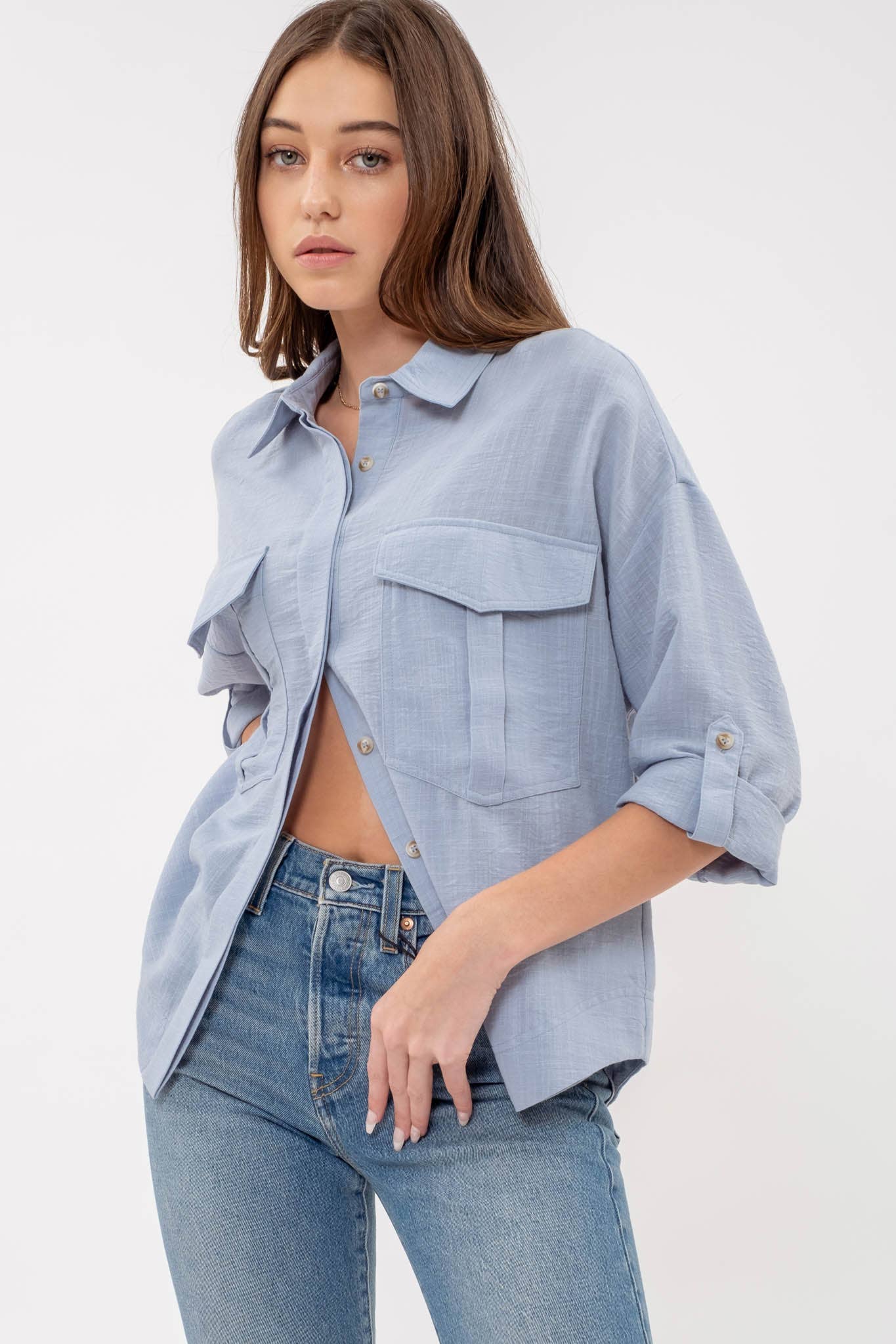 Blu Pepper Lightweight Collared Button Down 3/4 Sleeve Shirt - Blue