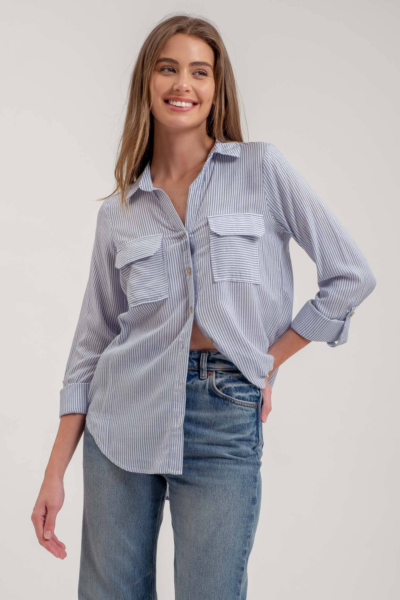 Blu Pepper Striped Collared Button Down with Pockets