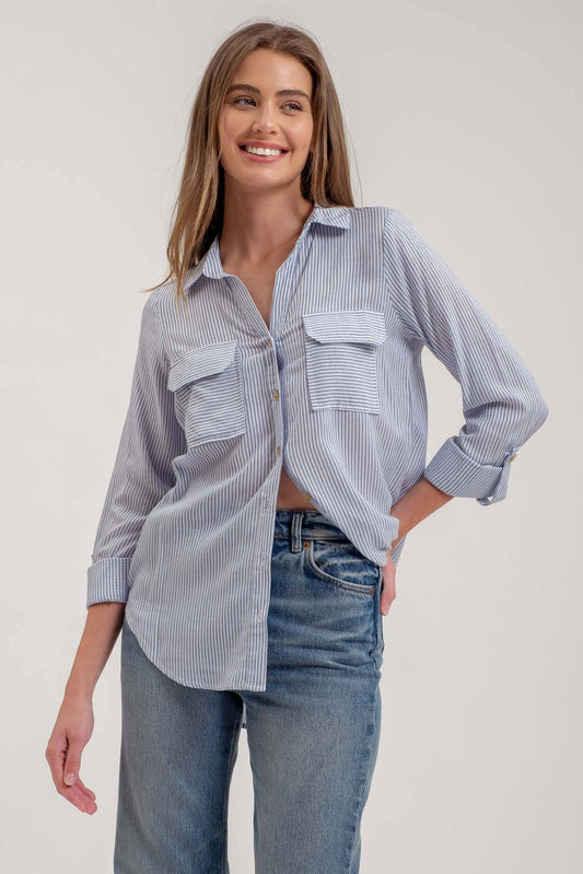 Blu Pepper Striped Collared Button Down with Pockets