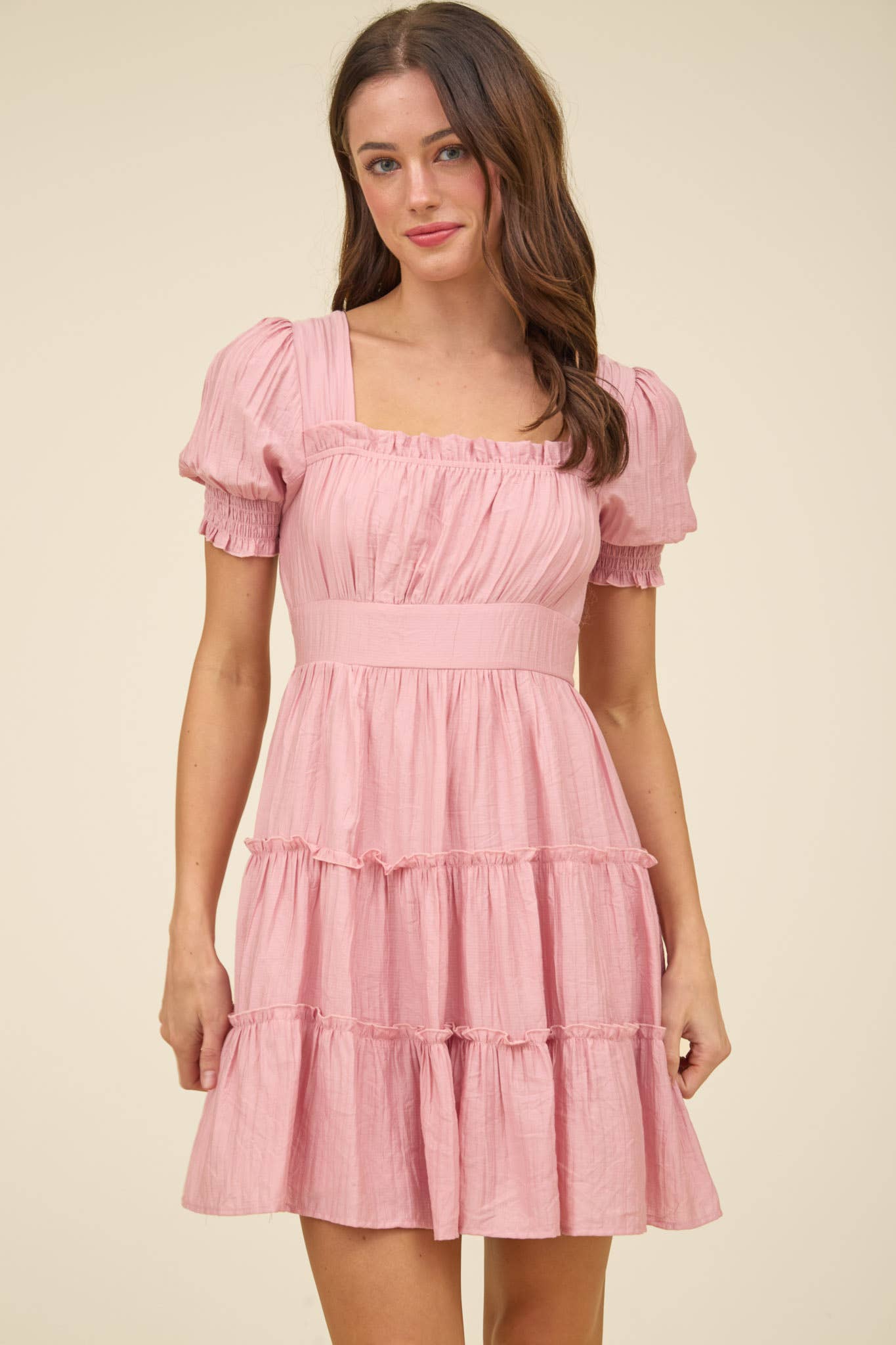 Blu Pepper Square Neck Smocked Tiered Mini Dress