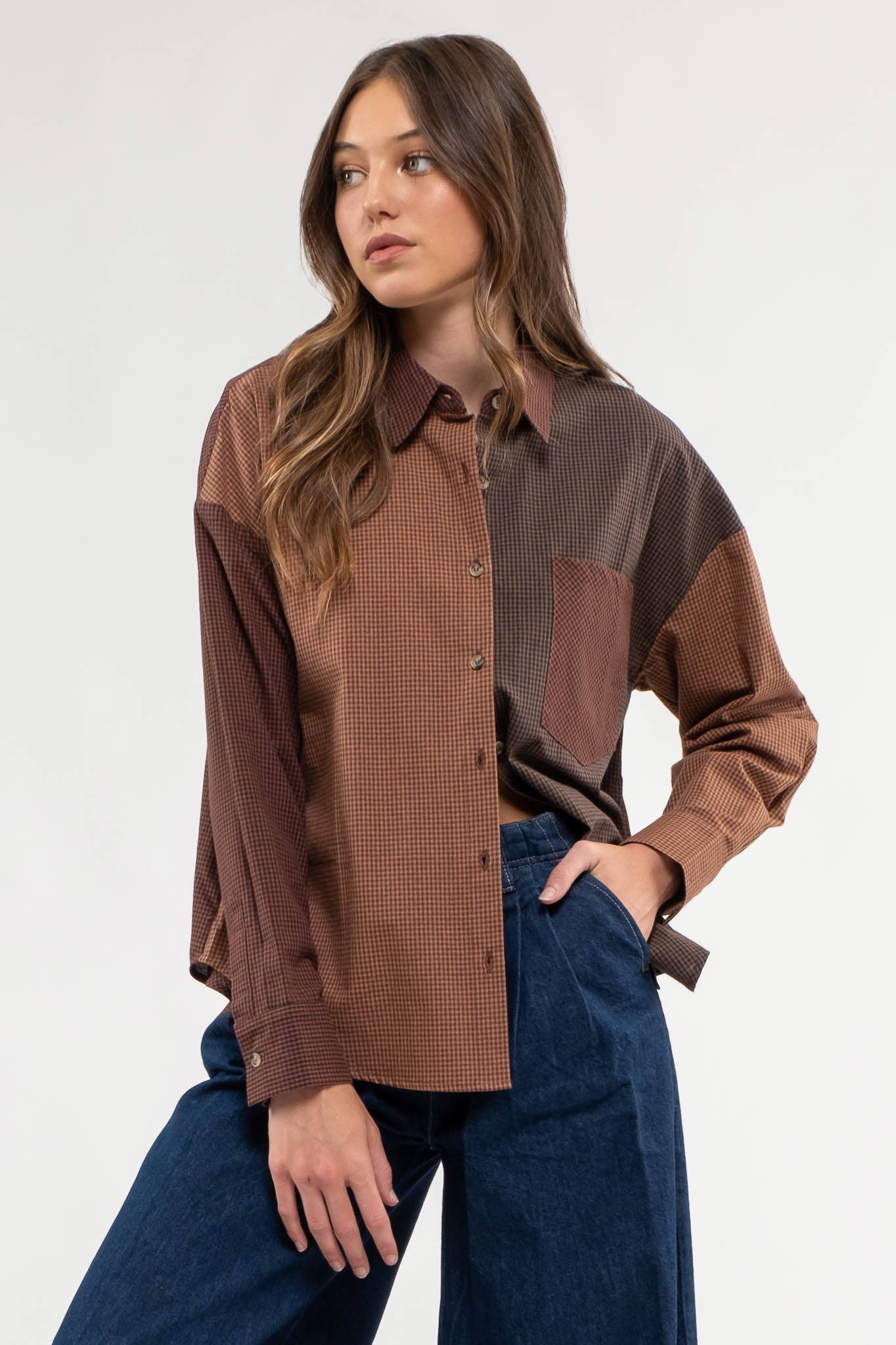 Blu Pepper Plaid Colorblock Button Down Top