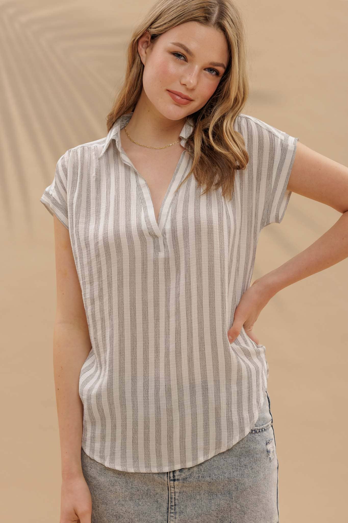 Blu Pepper Striped Collared Cuff Sleeve Lightweight Shirt