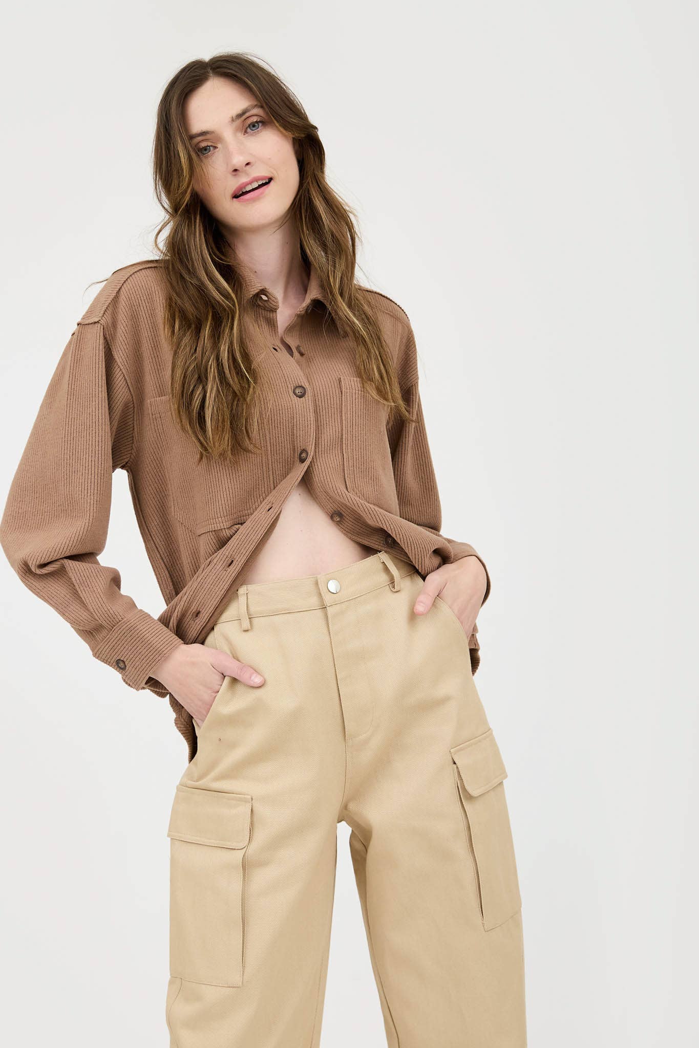 Blu Pepper Rib Knit Exposed Seam Button Up Top