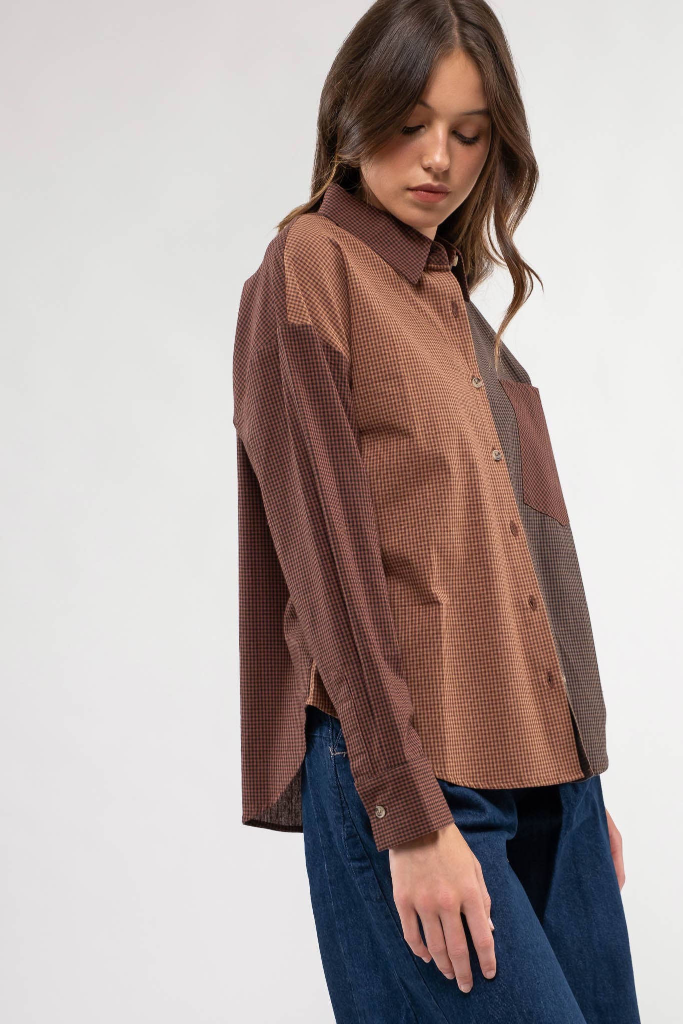Blu Pepper Plaid Colorblock Button Down Top