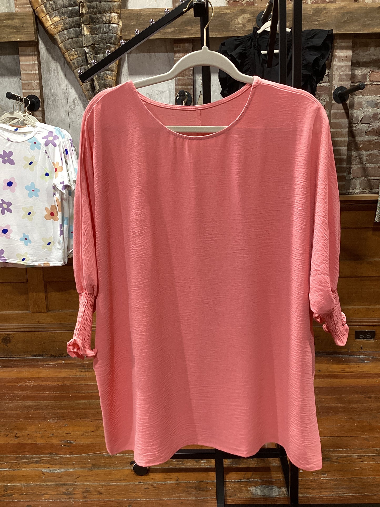 Pink Casual Shirred Cuffs Half Sleeve Top