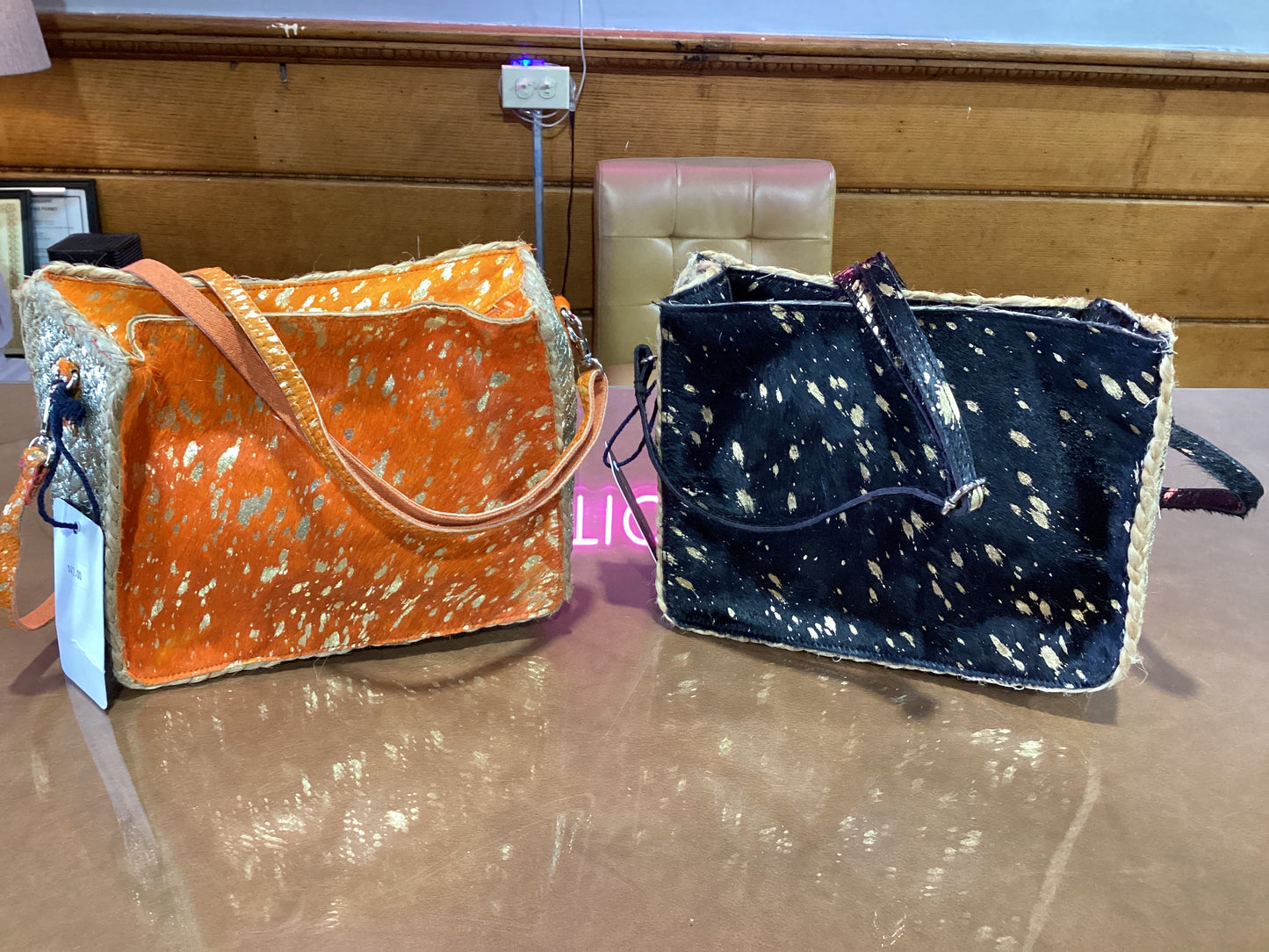Chloe & Lex Hair on Hide Gold Jute Purse