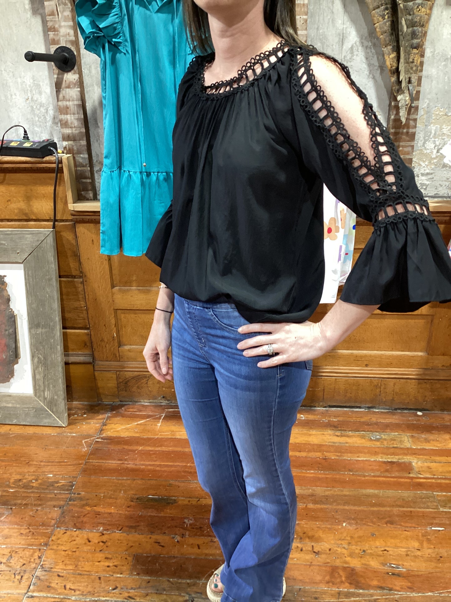 Lace Crochet Cut-Out Bracelet Sleeve Ruffle Bouse