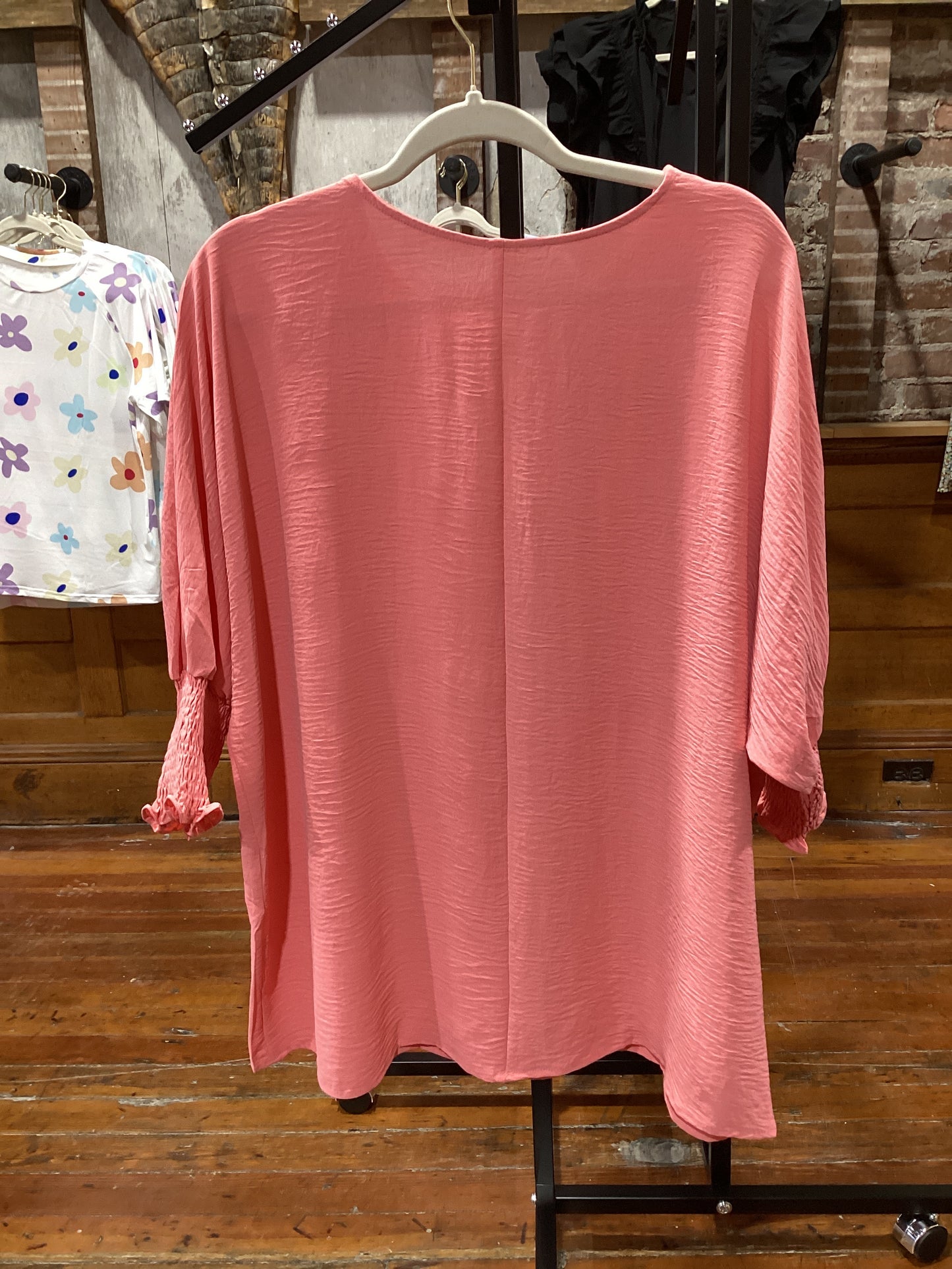 Pink Casual Shirred Cuffs Half Sleeve Top