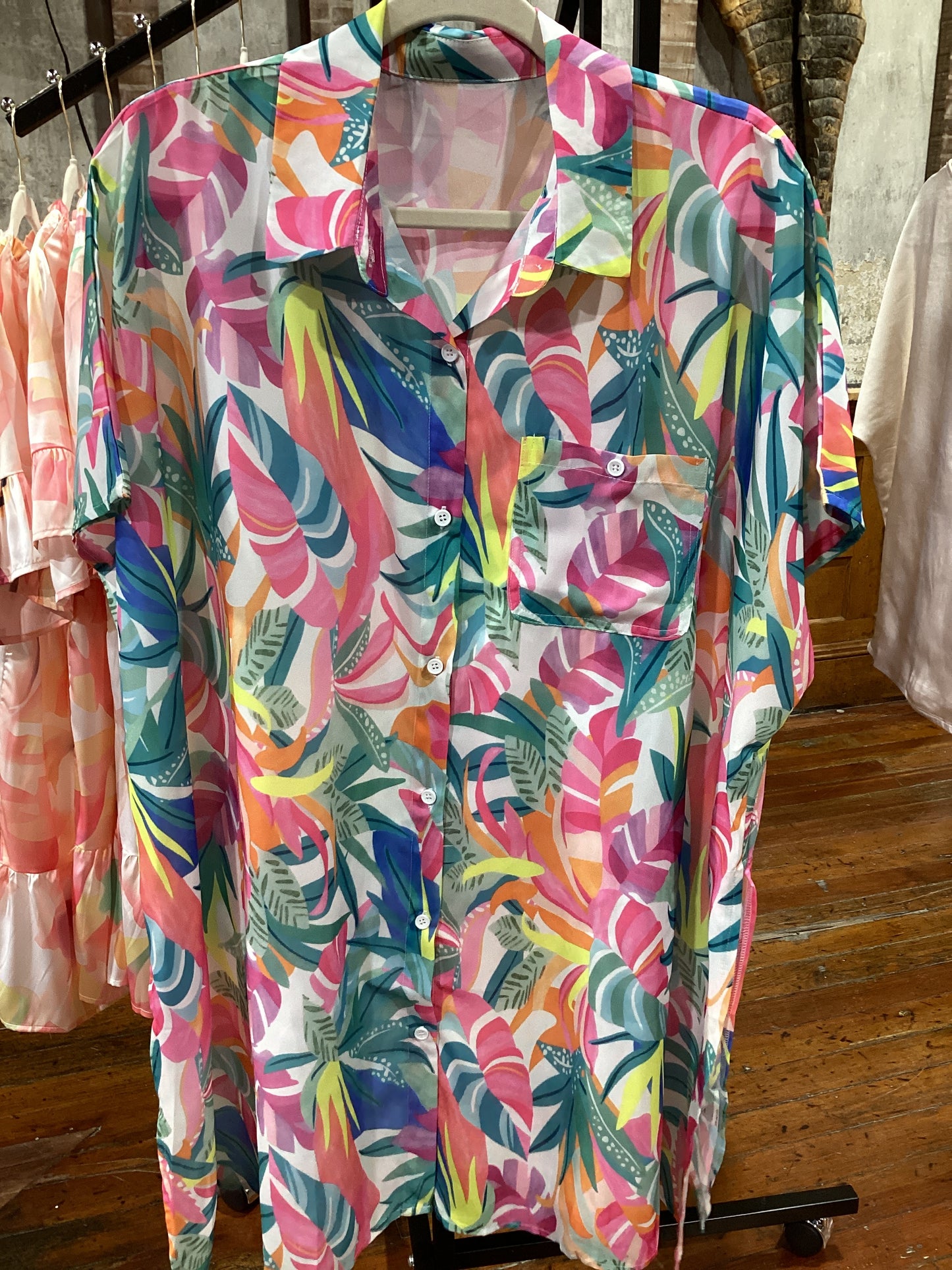 Tropical Button Down Beach Cover Up