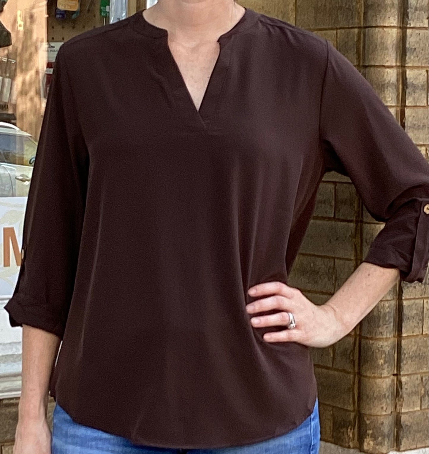 Chiffon V-Neck Blouse(Black,Brown,Red,Navy)