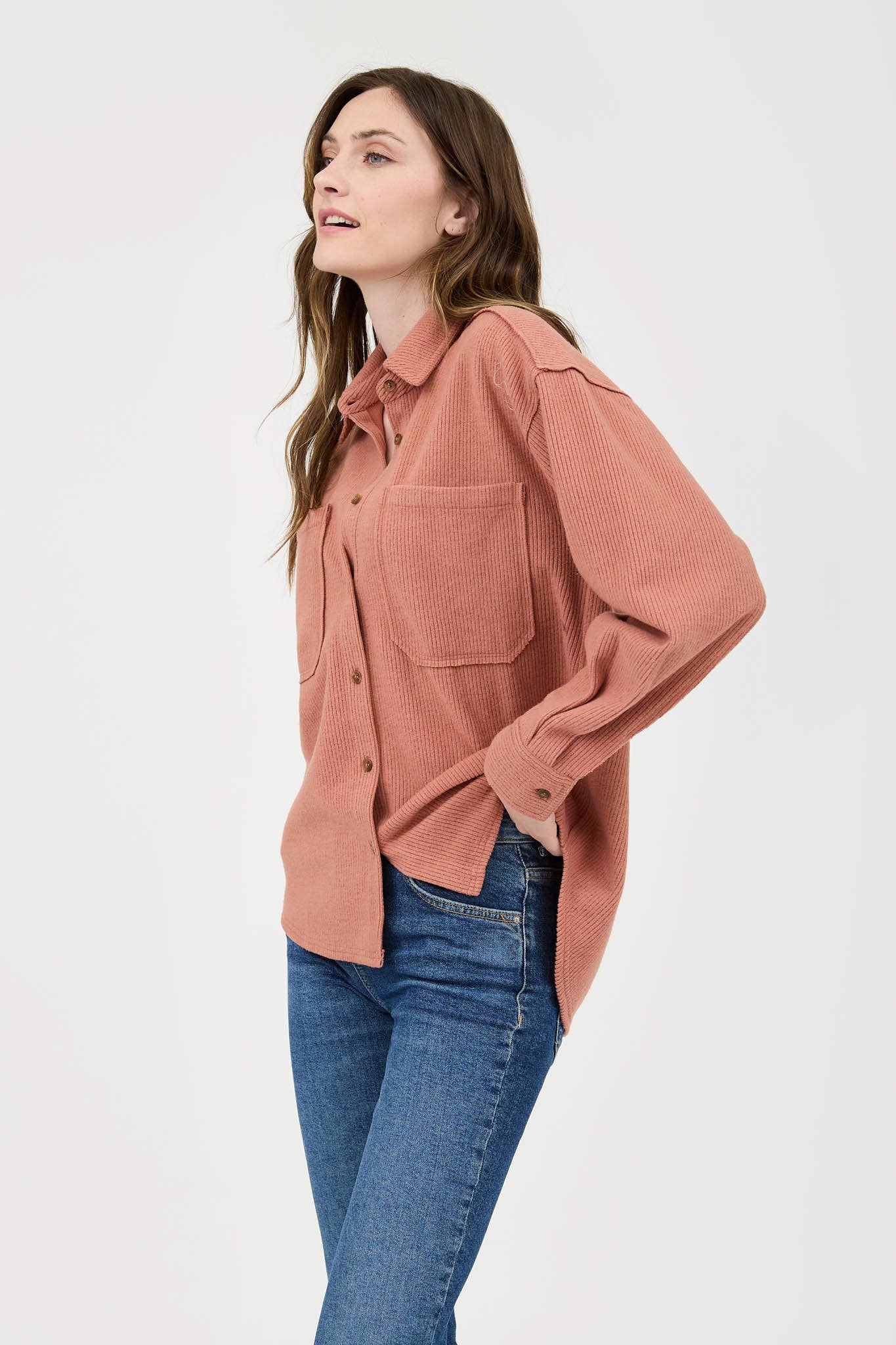 Blu Pepper Rib Knit Exposed Seam Button Up Top