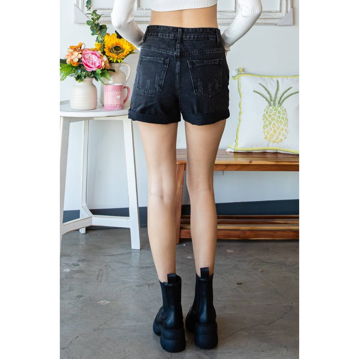 Veveret Color Washed Distressed Roll Up Denim Shorts