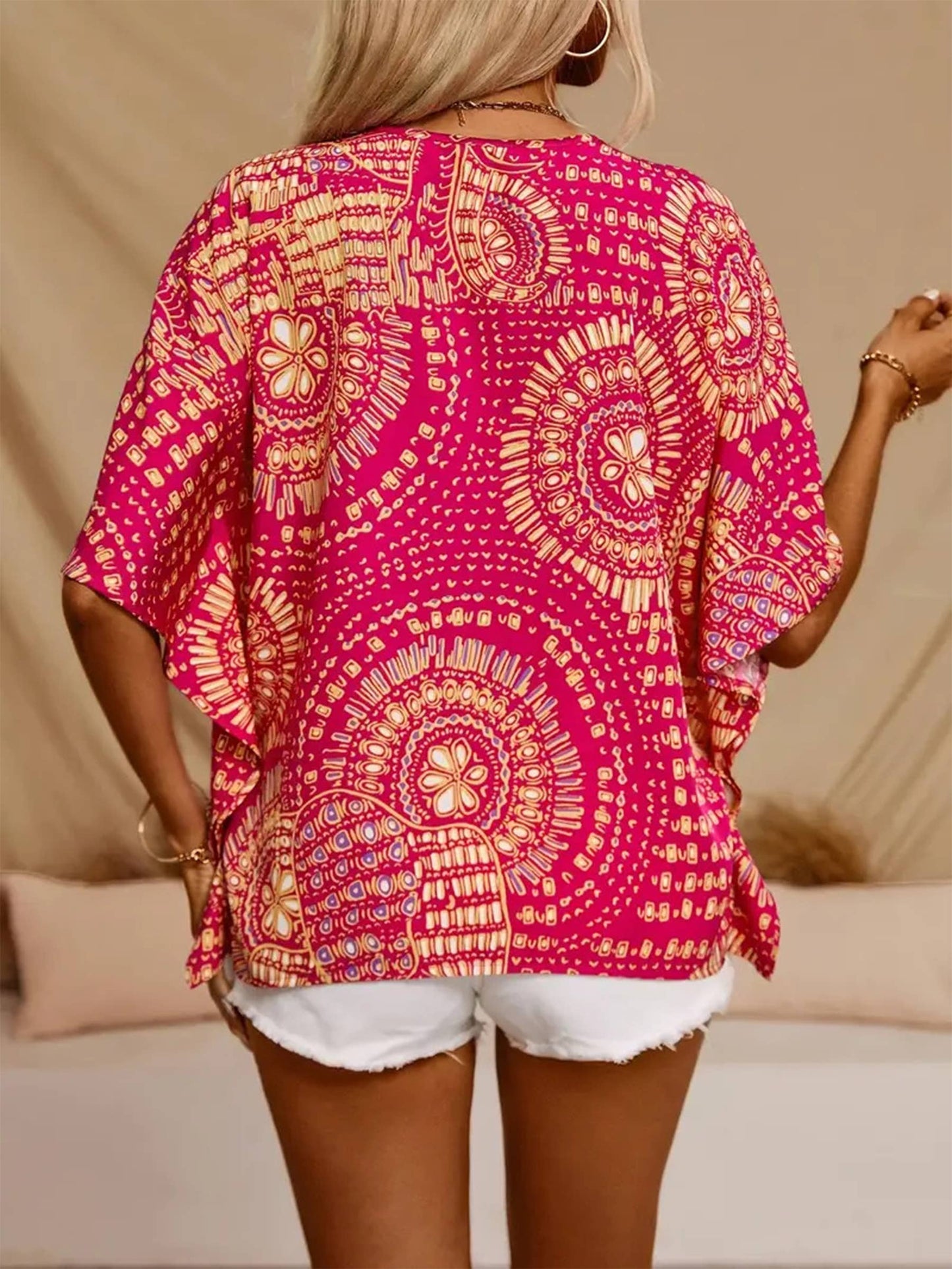 V-neck Printed Bat Sleeve Top (Pink - Orange)