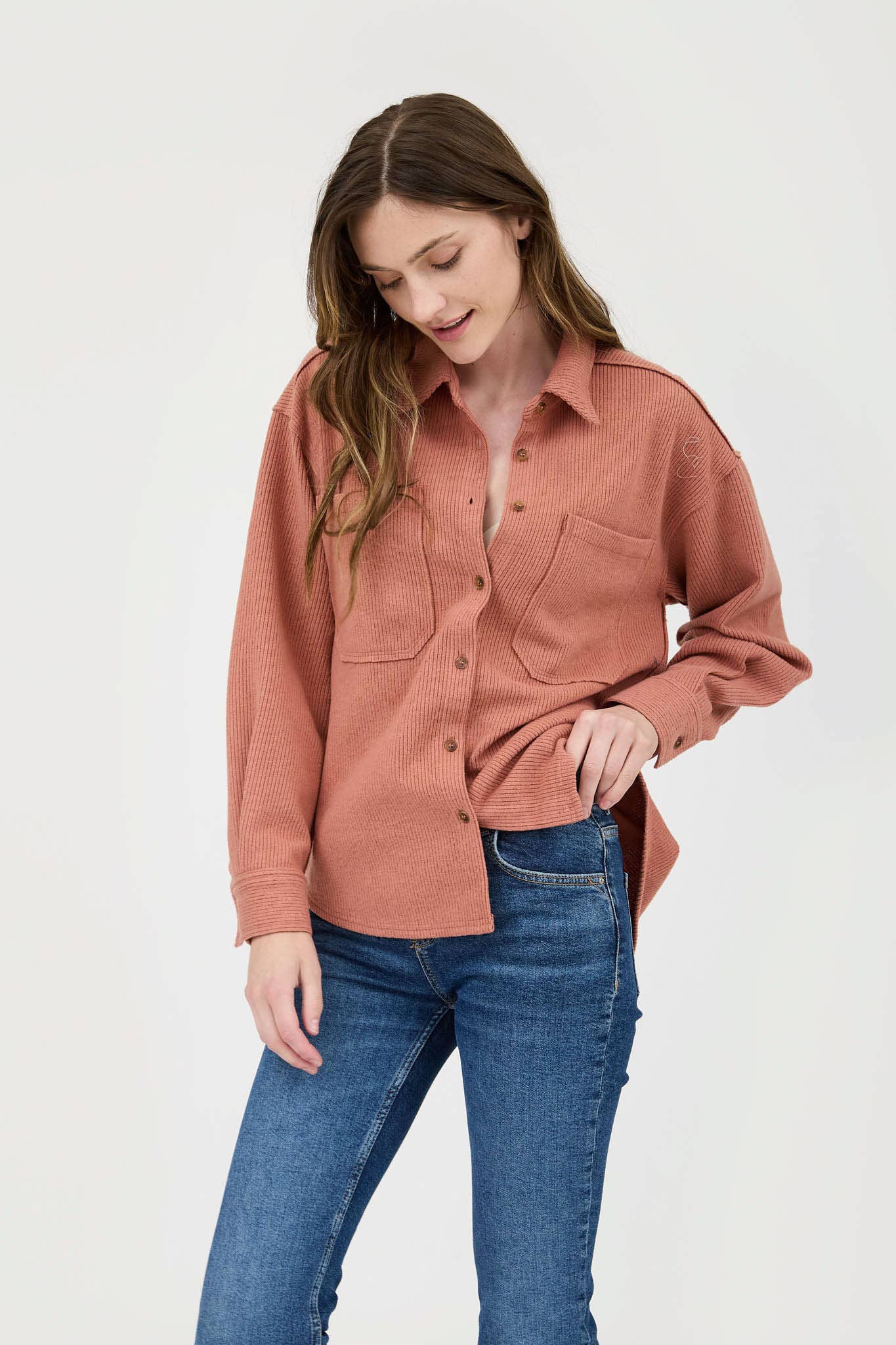 Blu Pepper Rib Knit Exposed Seam Button Up Top