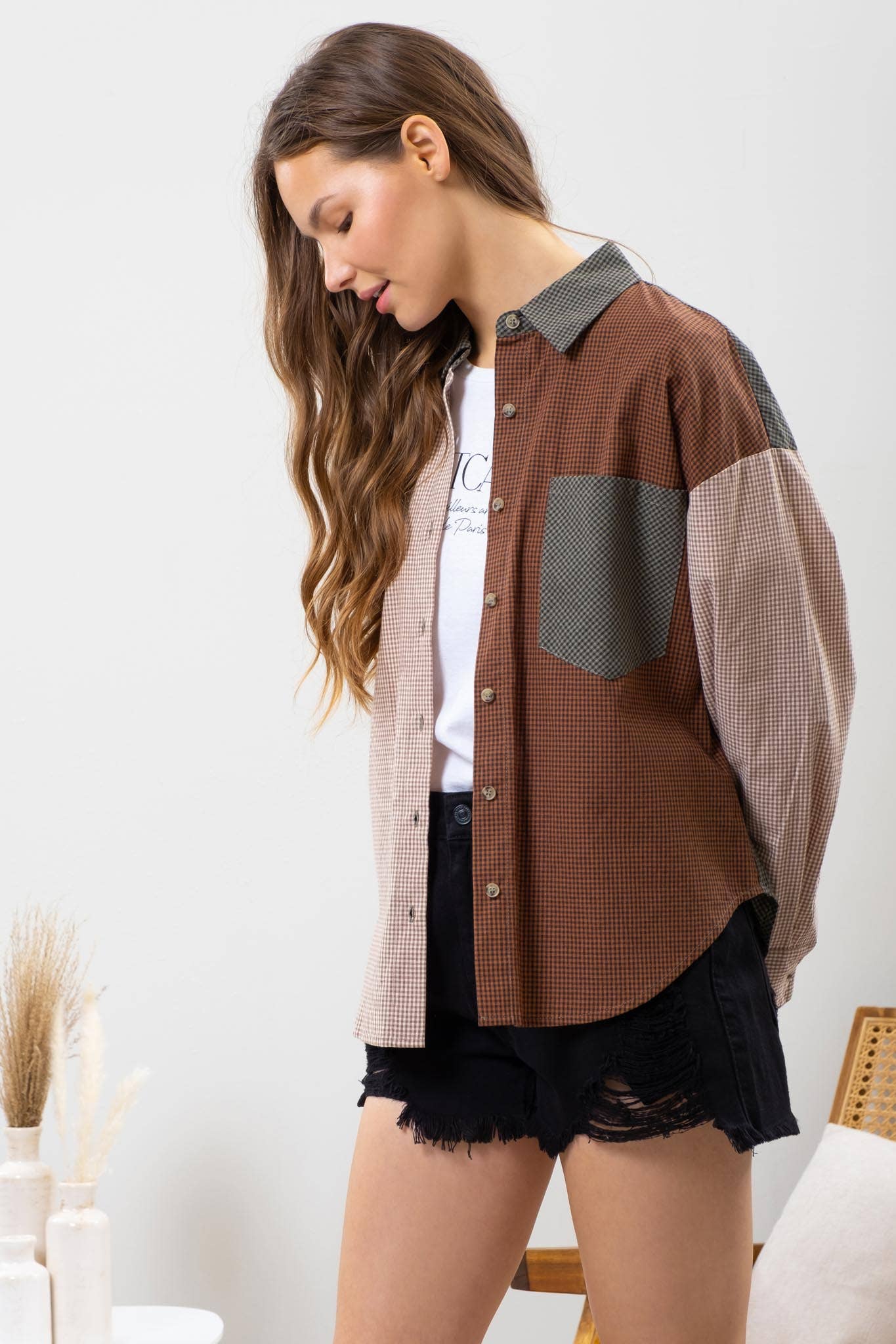 Blu Pepper Plaid Colorblock Button Down Top