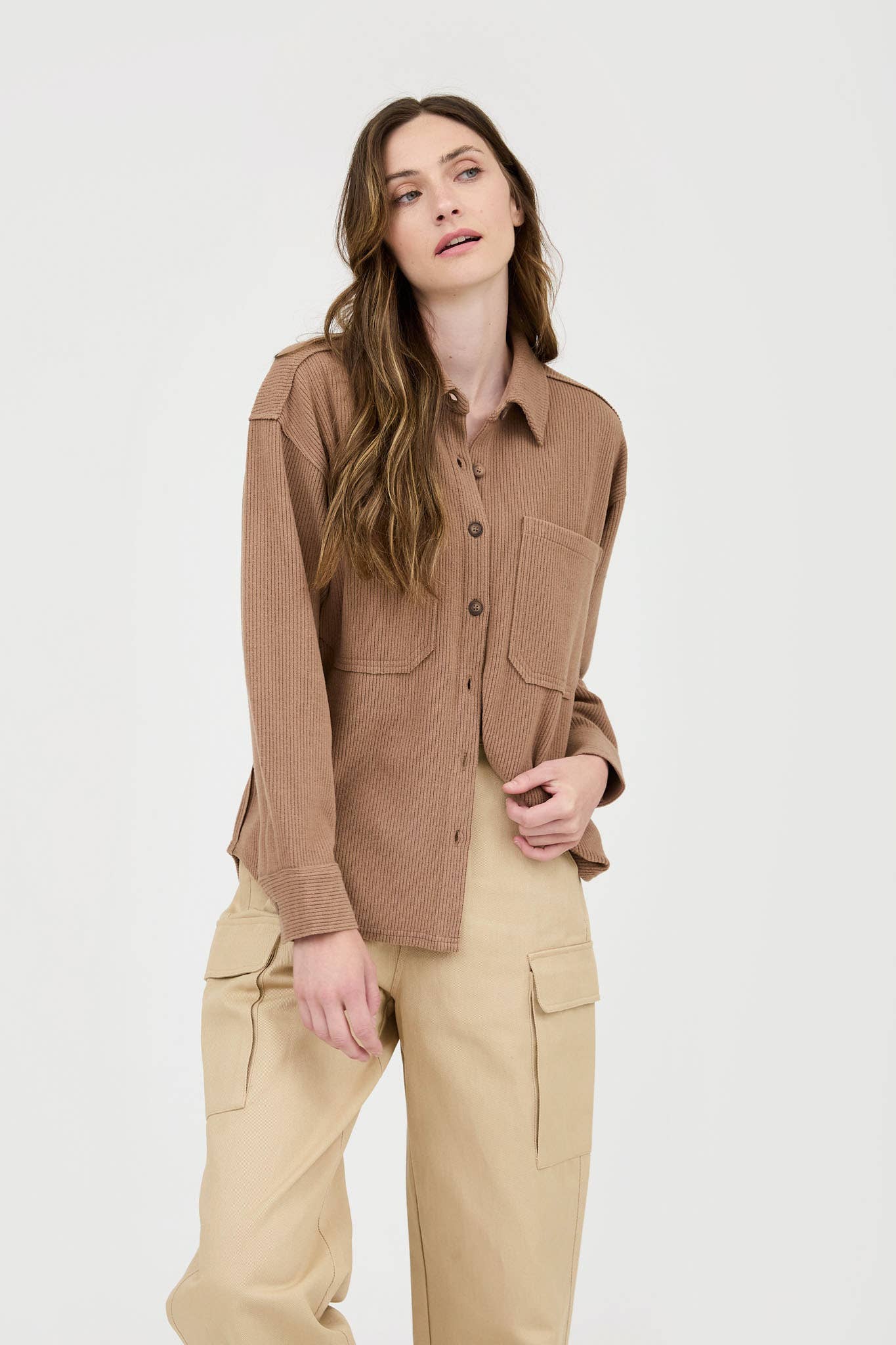 Blu Pepper Rib Knit Exposed Seam Button Up Top