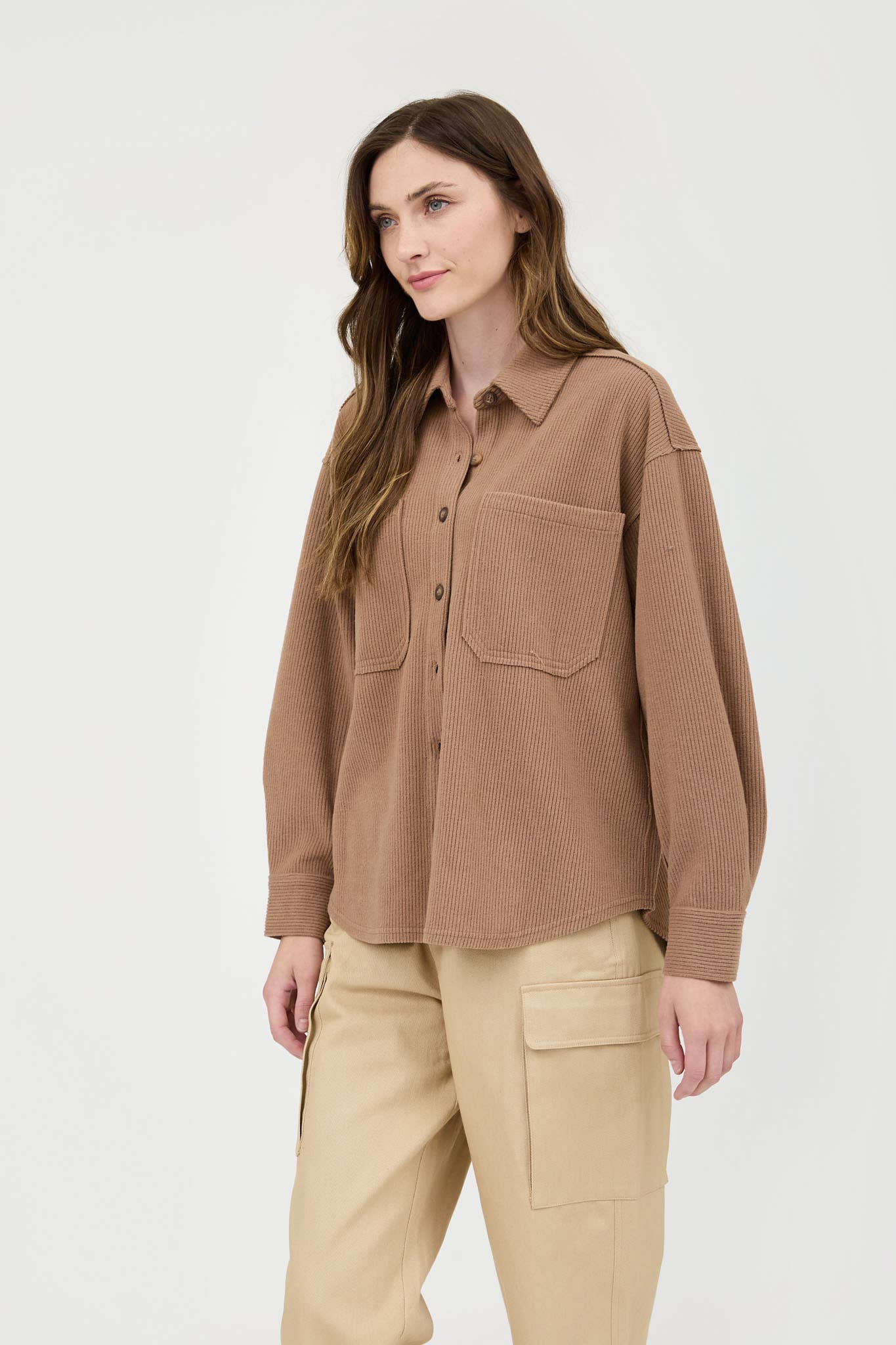 Blu Pepper Rib Knit Exposed Seam Button Up Top