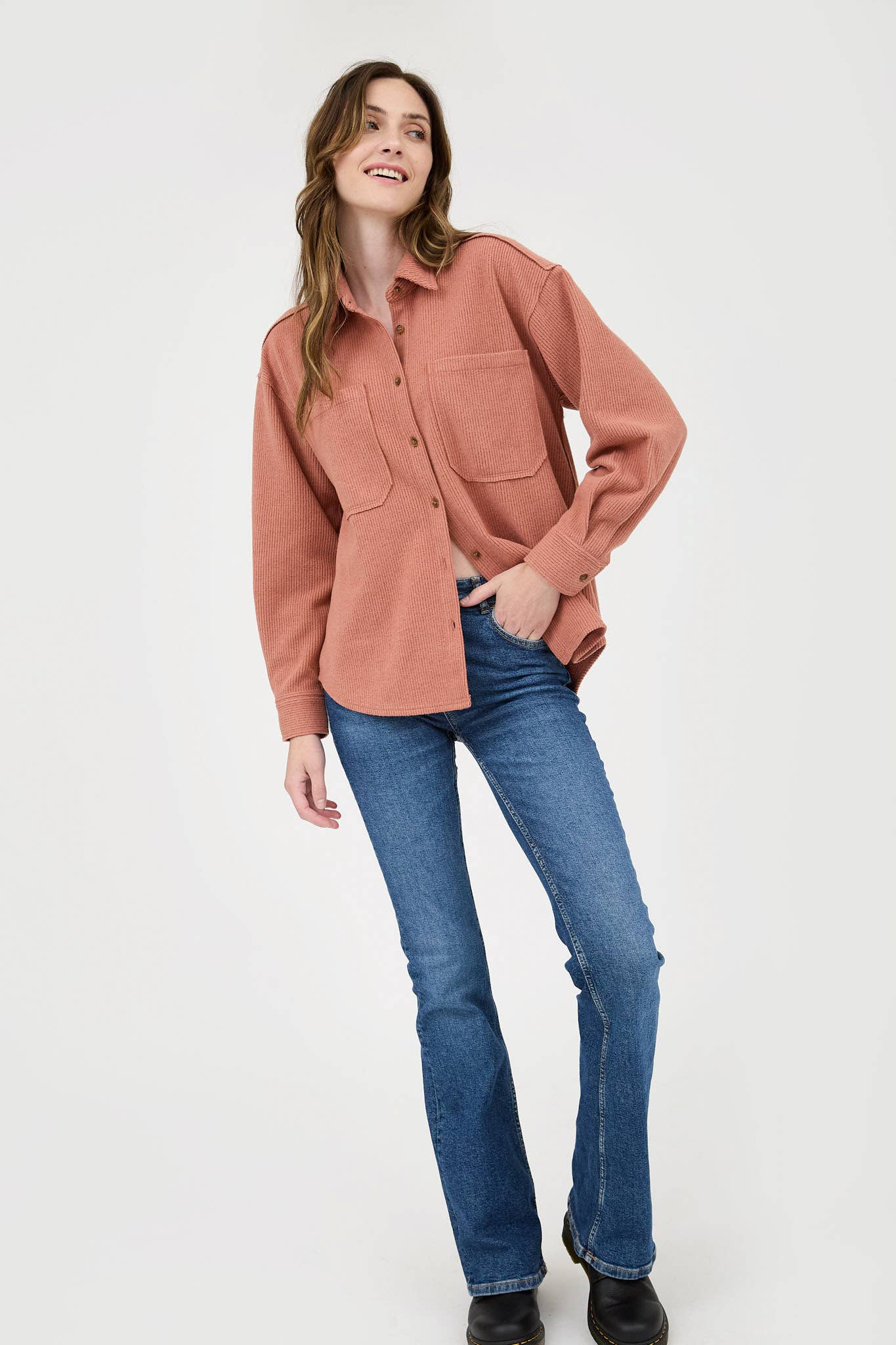 Blu Pepper Rib Knit Exposed Seam Button Up Top