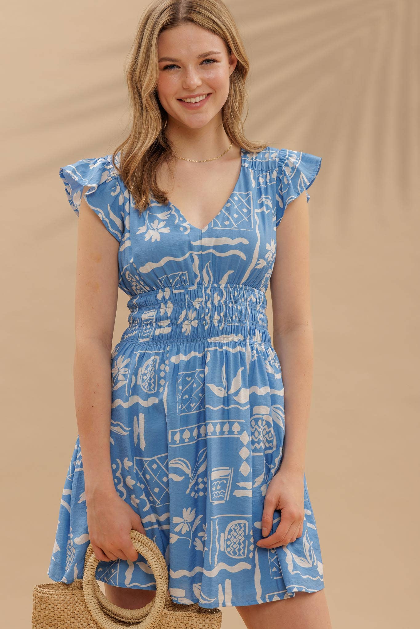Blu Pepper Print V Neck Ruffle Mini Dress