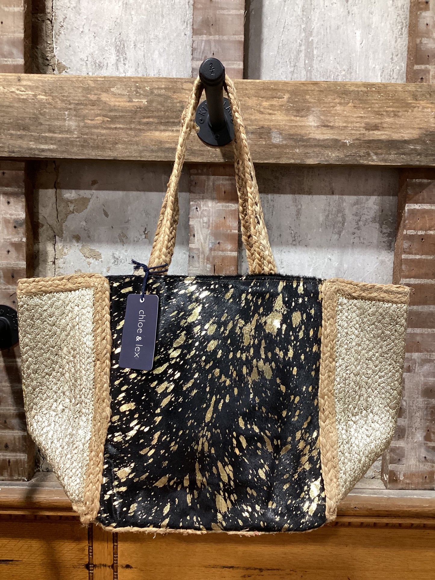 Chloe & Lex Hair on Hide Gold Jute Tote