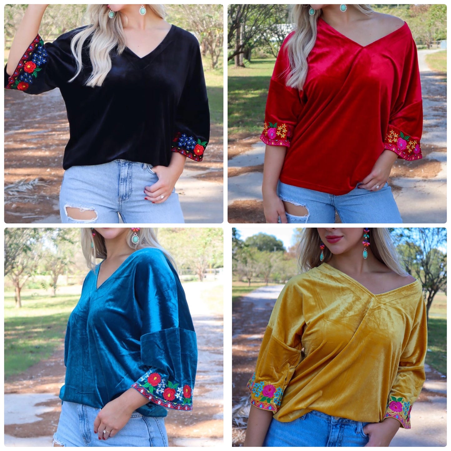 Merigold Kiss Velvet V Neck Embroidered Top