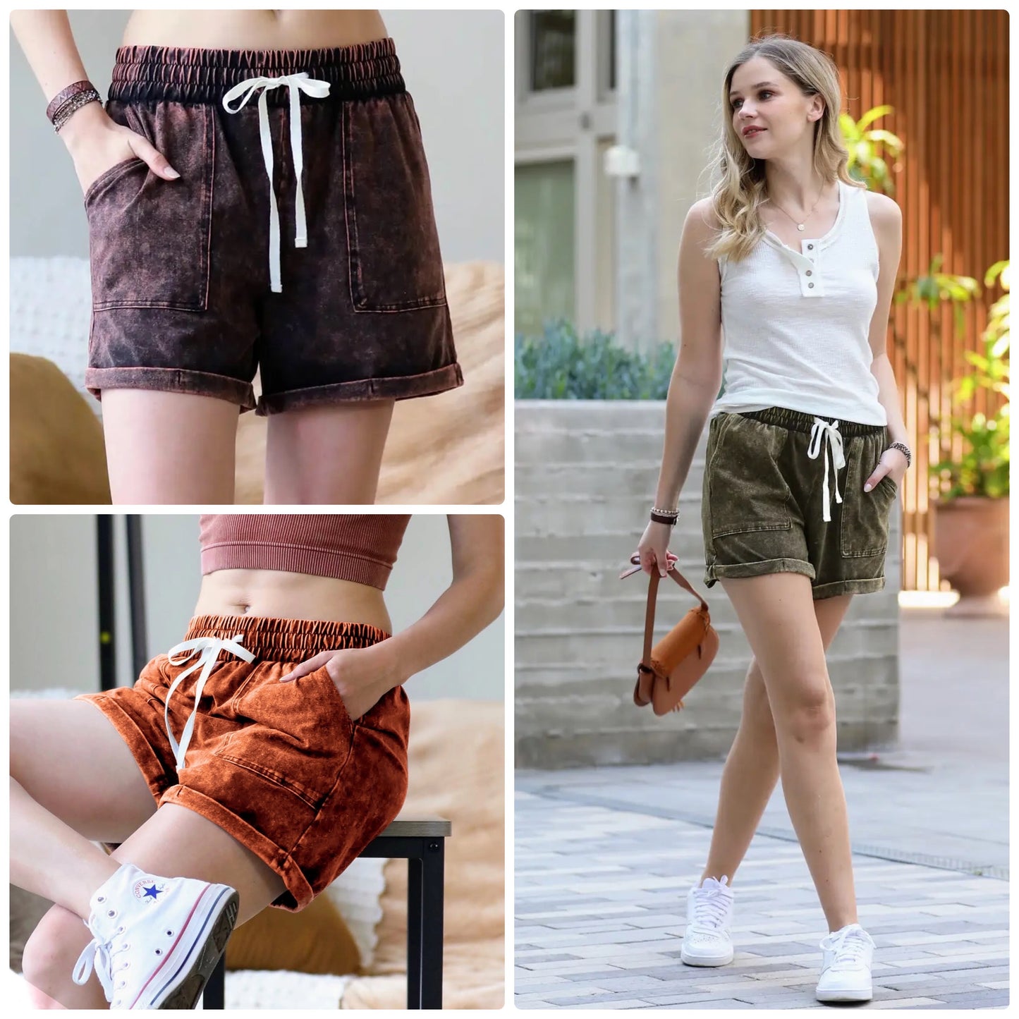 Vintage Wash Drawstring Shorts with Pockets