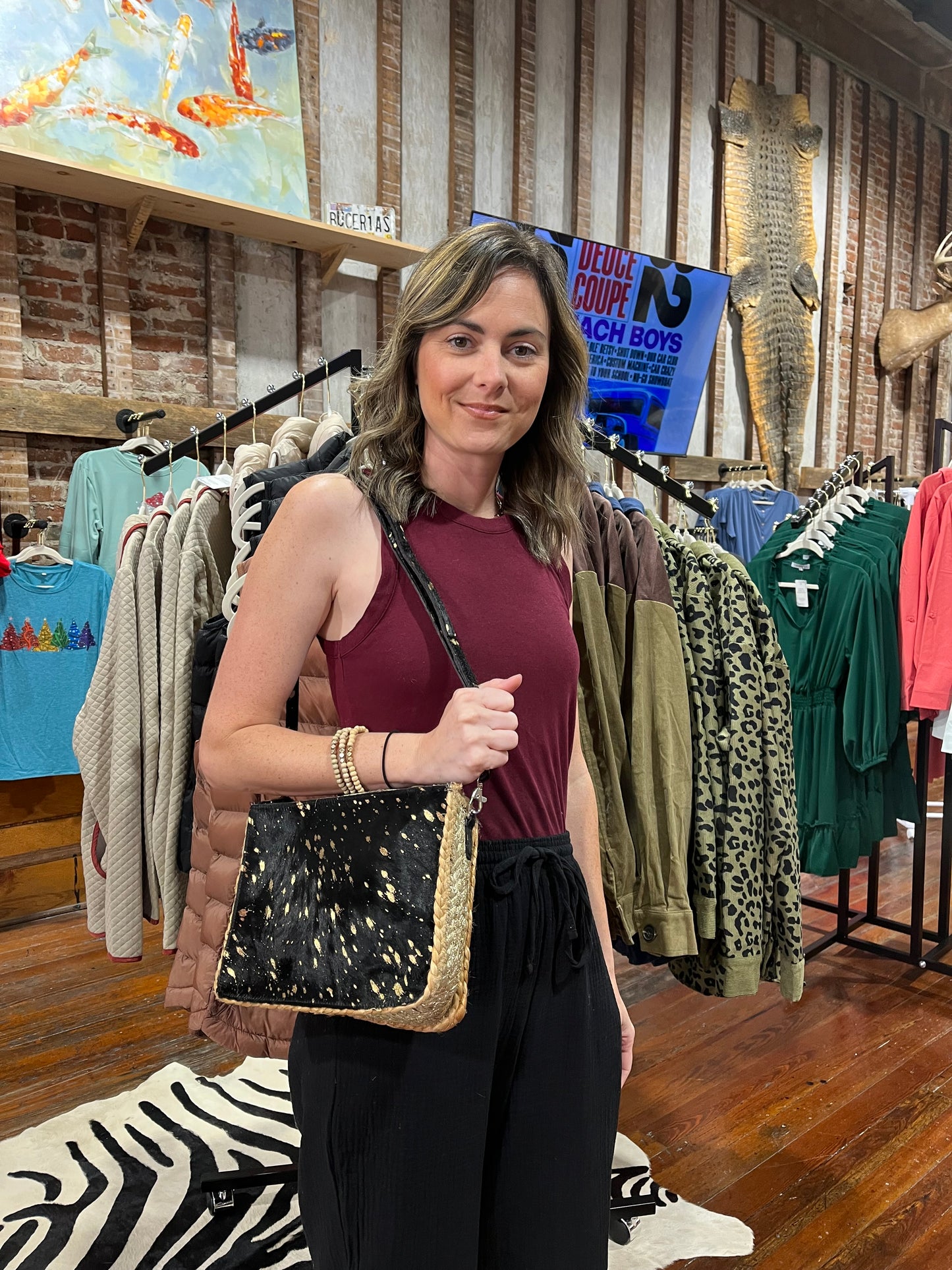 Chloe & Lex Hair on Hide Gold Jute Purse