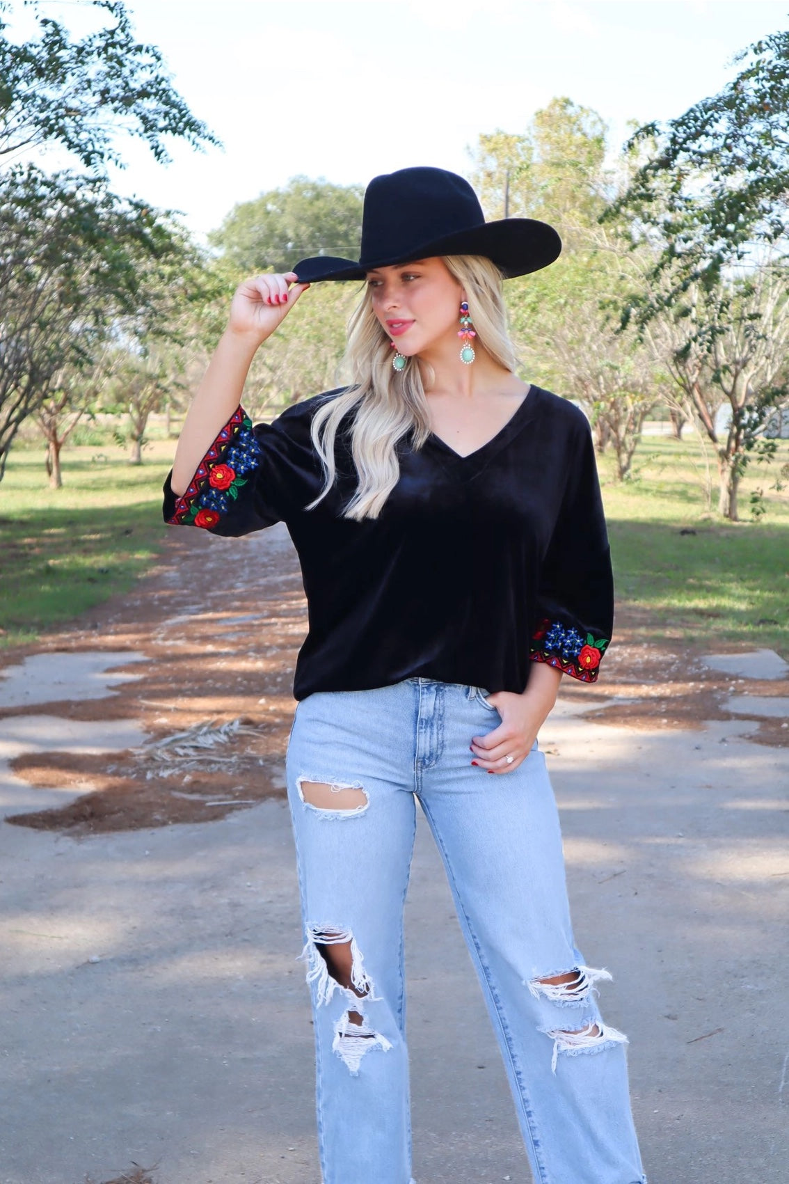 Merigold Kiss Velvet V Neck Embroidered Top