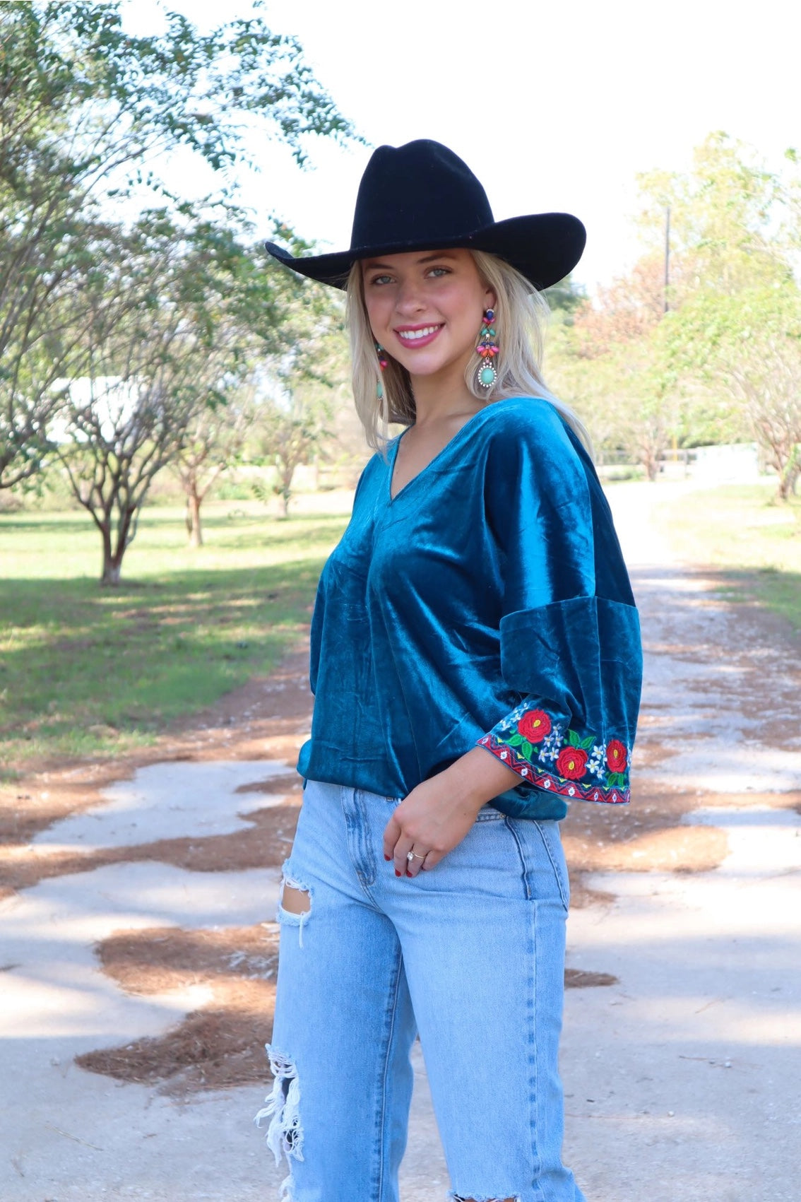 Merigold Kiss Velvet V Neck Embroidered Top
