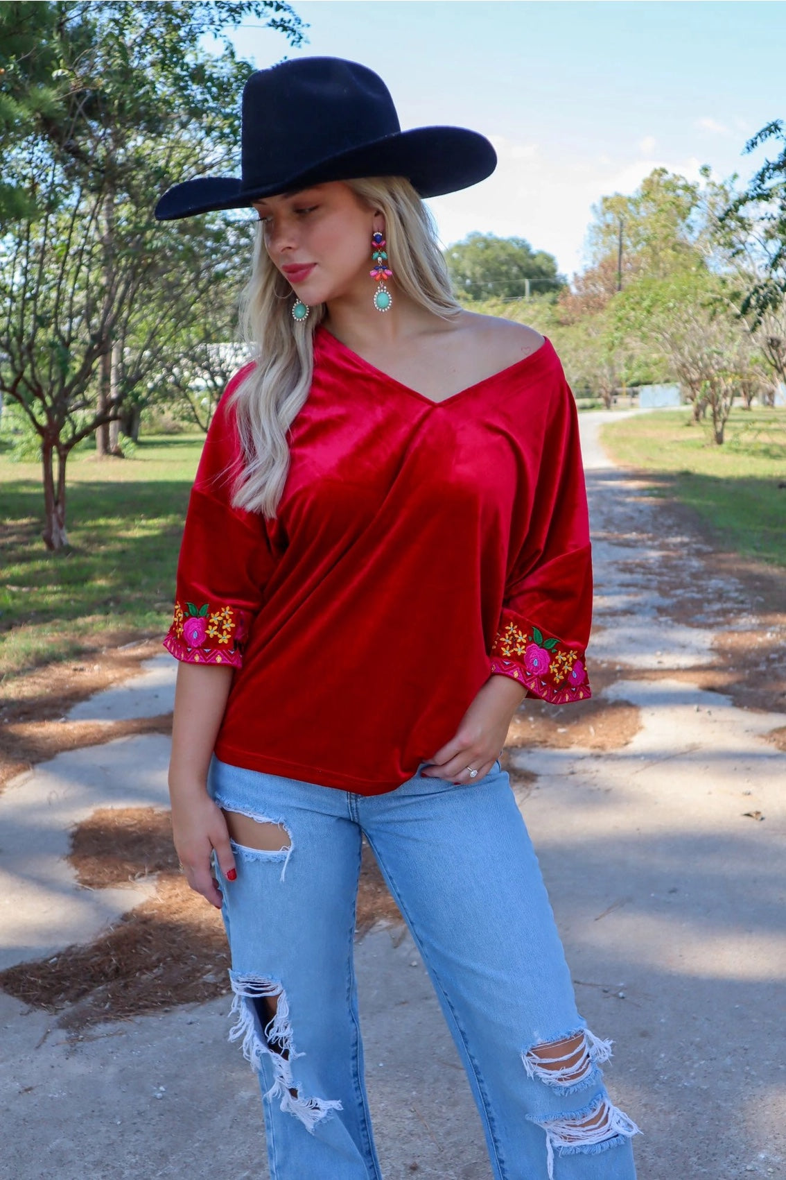 Merigold Kiss Velvet V Neck Embroidered Top
