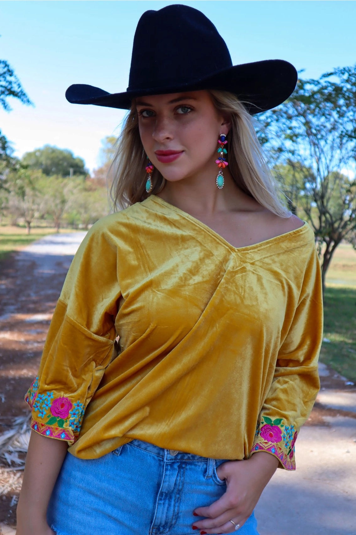 Merigold Kiss Velvet V Neck Embroidered Top