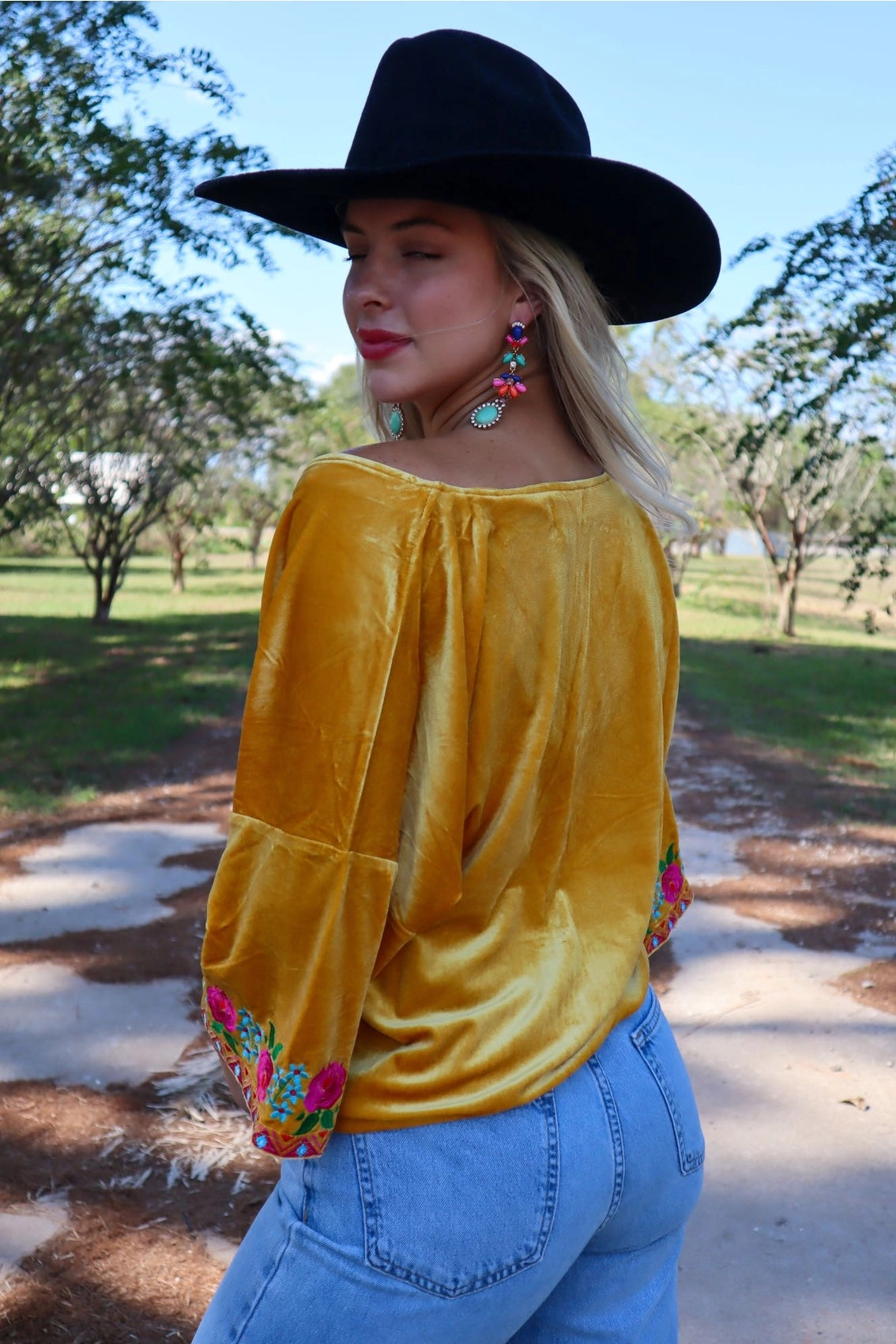 Merigold Kiss Velvet V Neck Embroidered Top