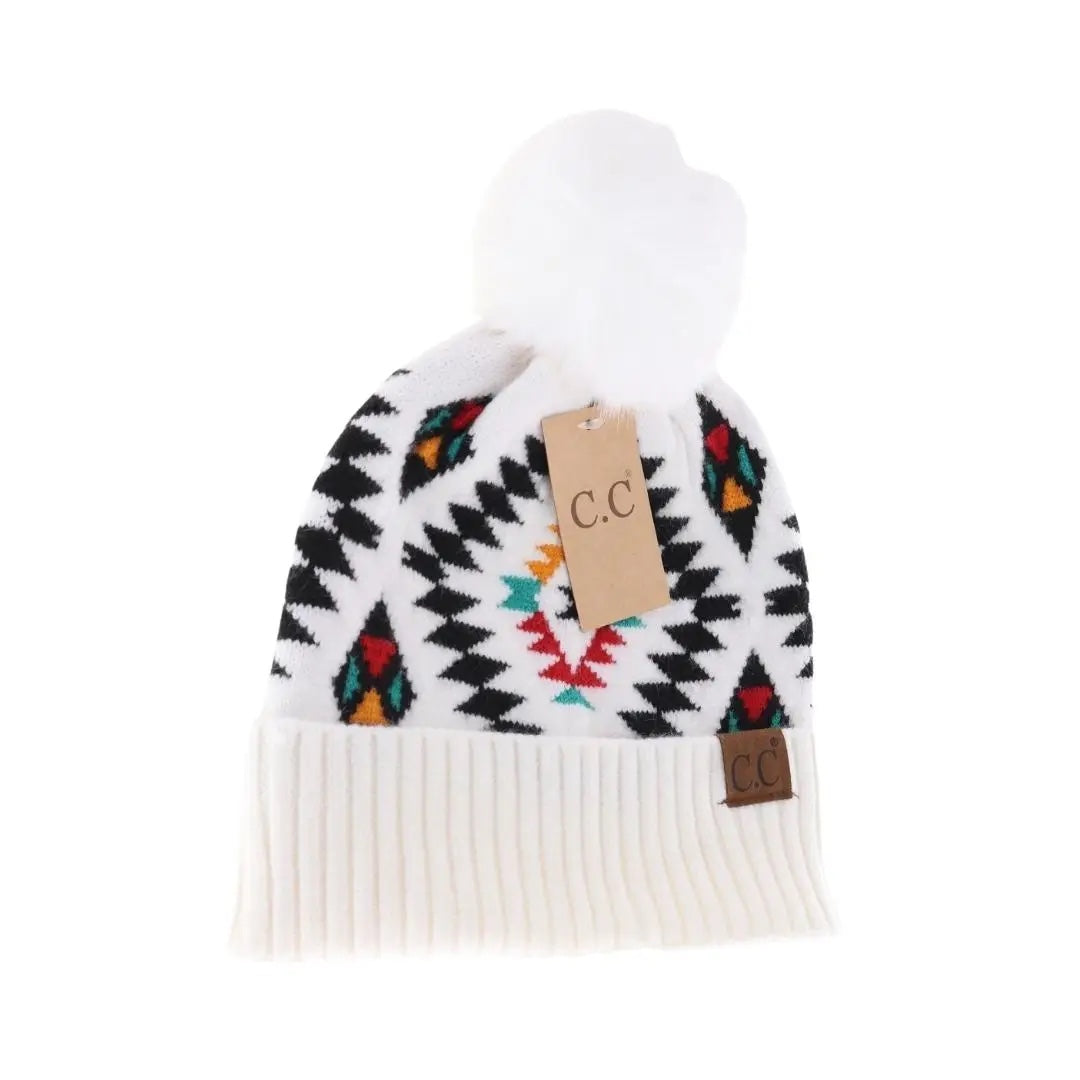 CC Beanie Aztec Patterned Faux Fur Pom