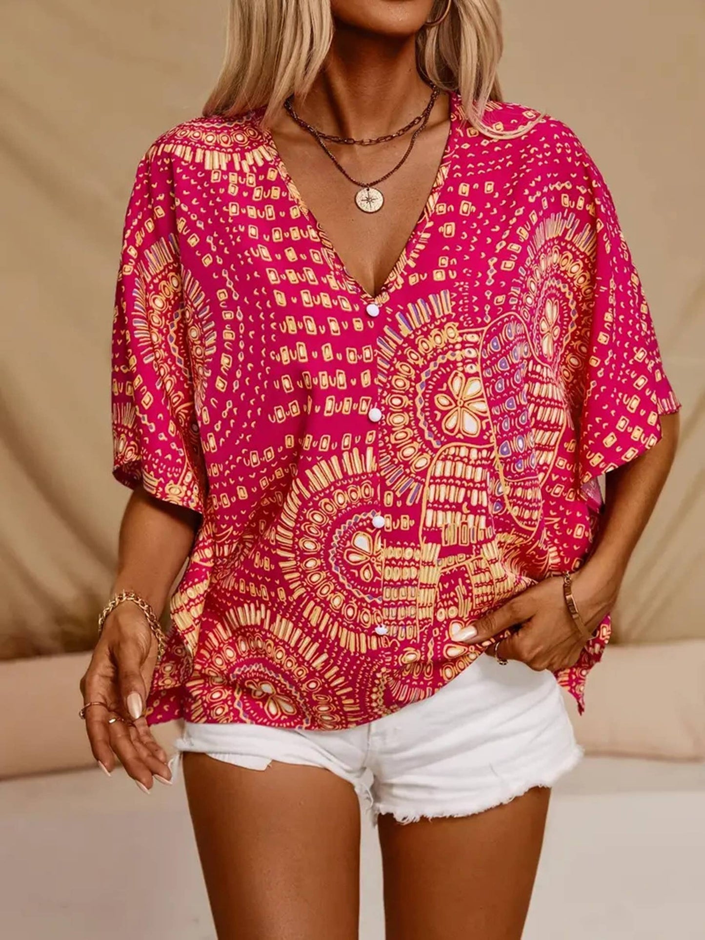 V-neck Printed Bat Sleeve Top (Pink - Orange)
