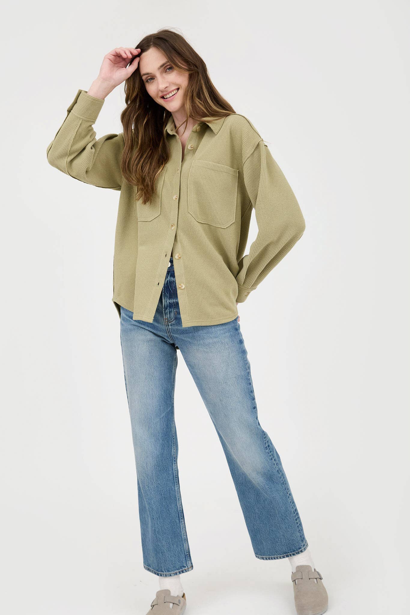Blu Pepper Rib Knit Exposed Seam Button Up Top