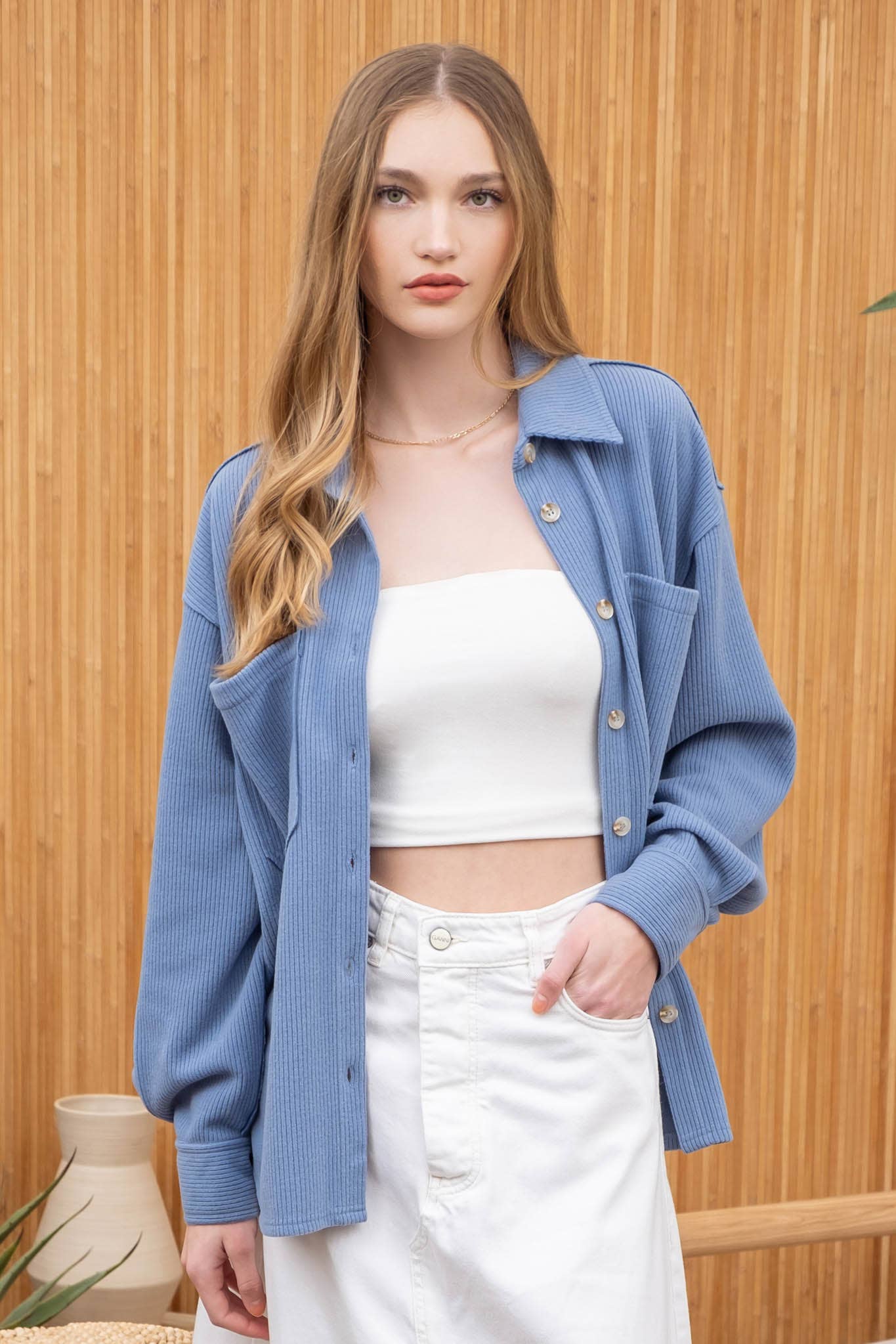 Blu Pepper Rib Knit Exposed Seam Button Up Top