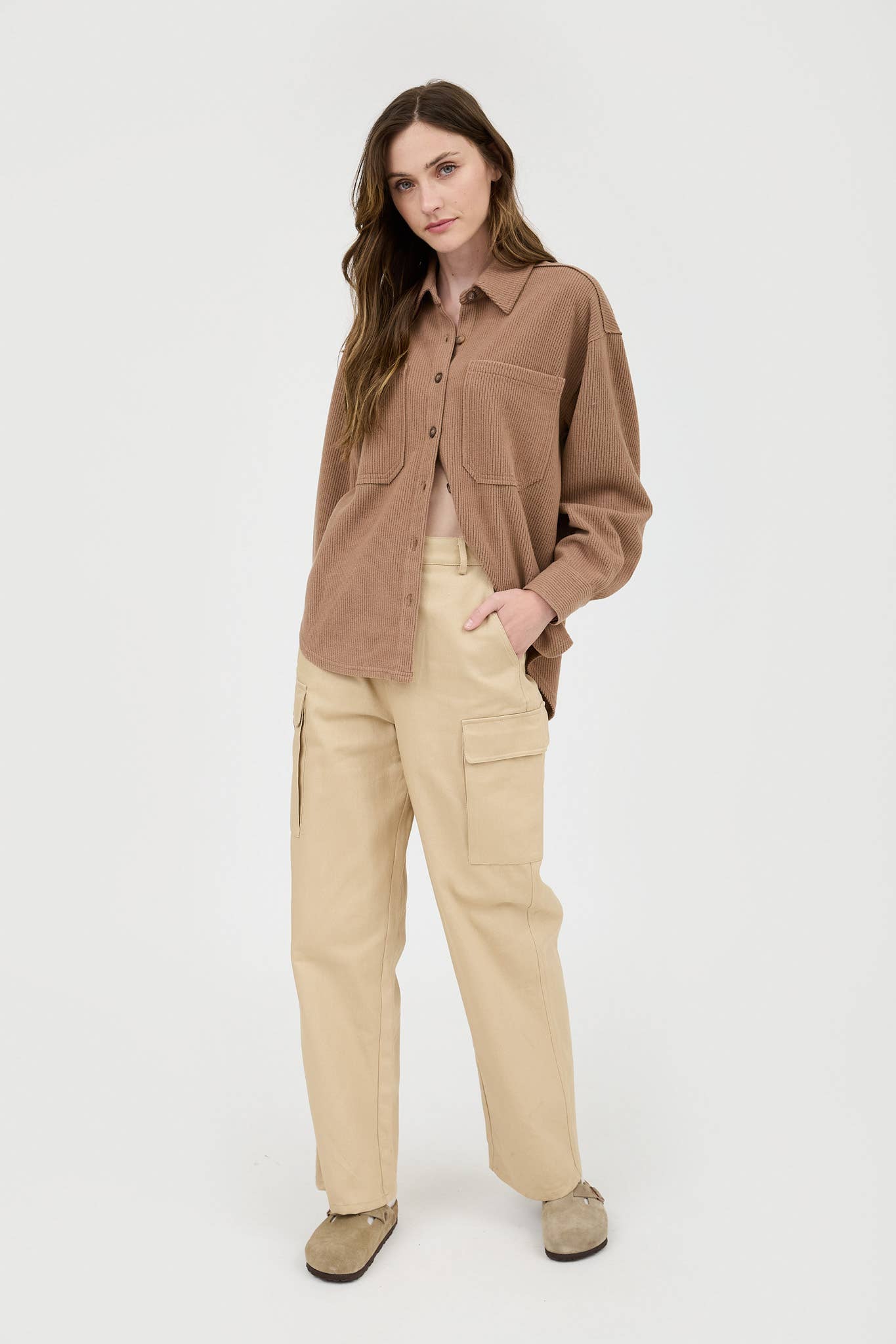 Blu Pepper Rib Knit Exposed Seam Button Up Top