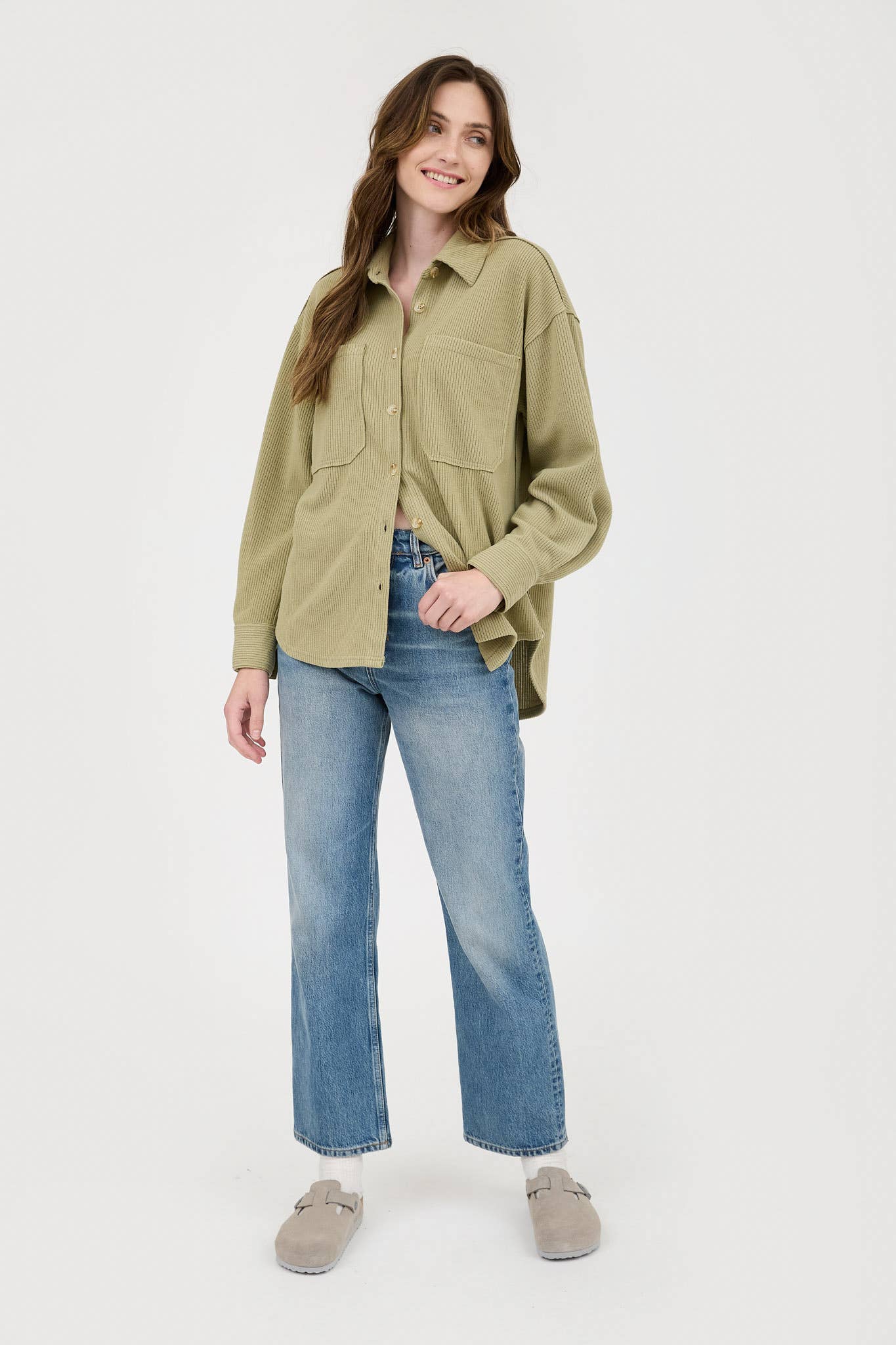 Blu Pepper Rib Knit Exposed Seam Button Up Top